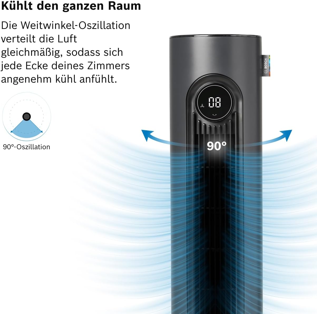 Bosch Tower Fan , Leiser Turmventilator, Midnight Grey | Mit Fernbedienung, 8 Geschwindigkeitsstufen, 90° Oszillation, Nachtmodus & 8-Stunden-Timer, 19 dB(A)