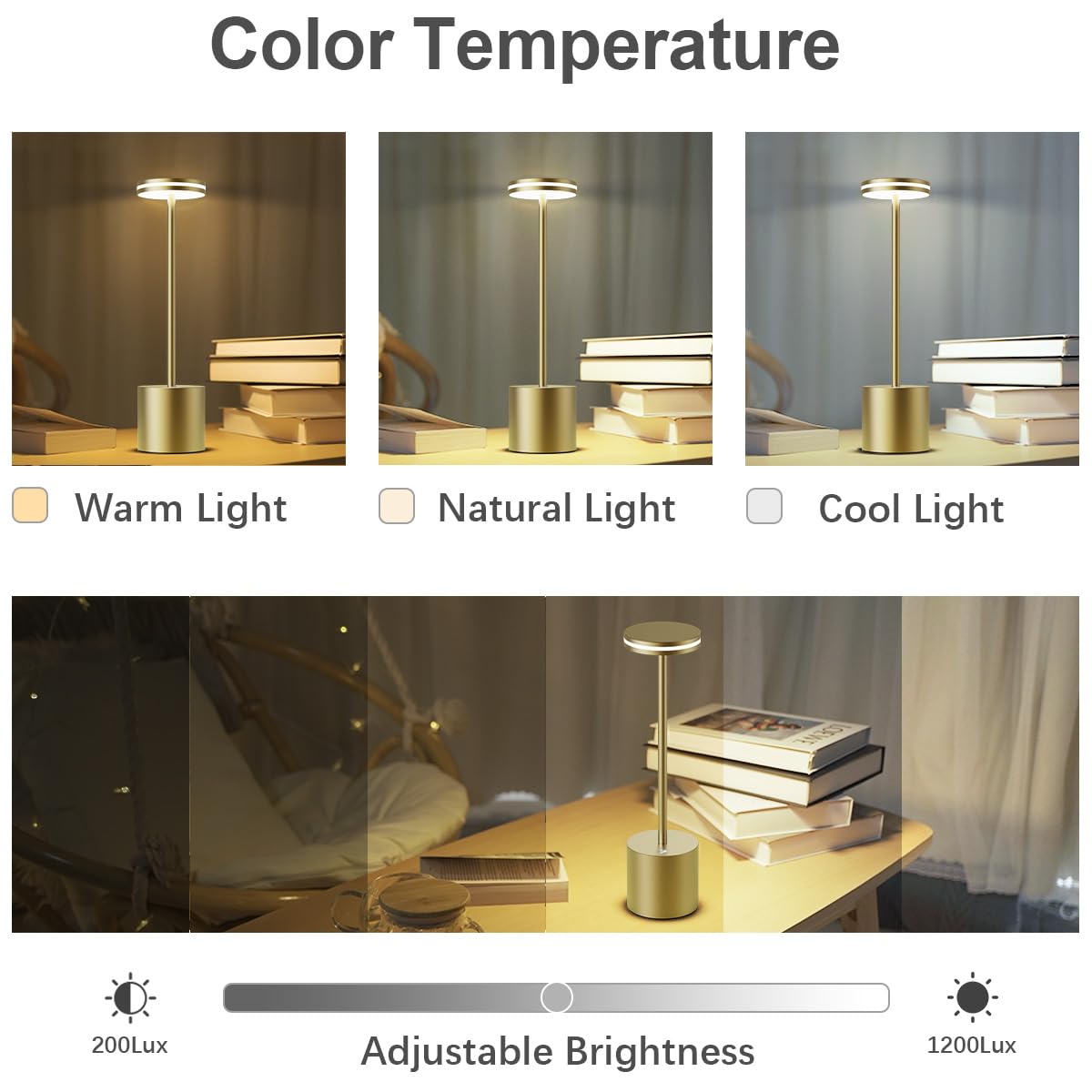 LED Batterie Tischlampen, Wireless, 5000 mAh Modern dimmbar Tischlampe, Aluminium, 3 Farbtemperaturen, Tischlampen Wiederaufladbar für Innen-, Aussen-, Nachttisch, Esstisch, Bar