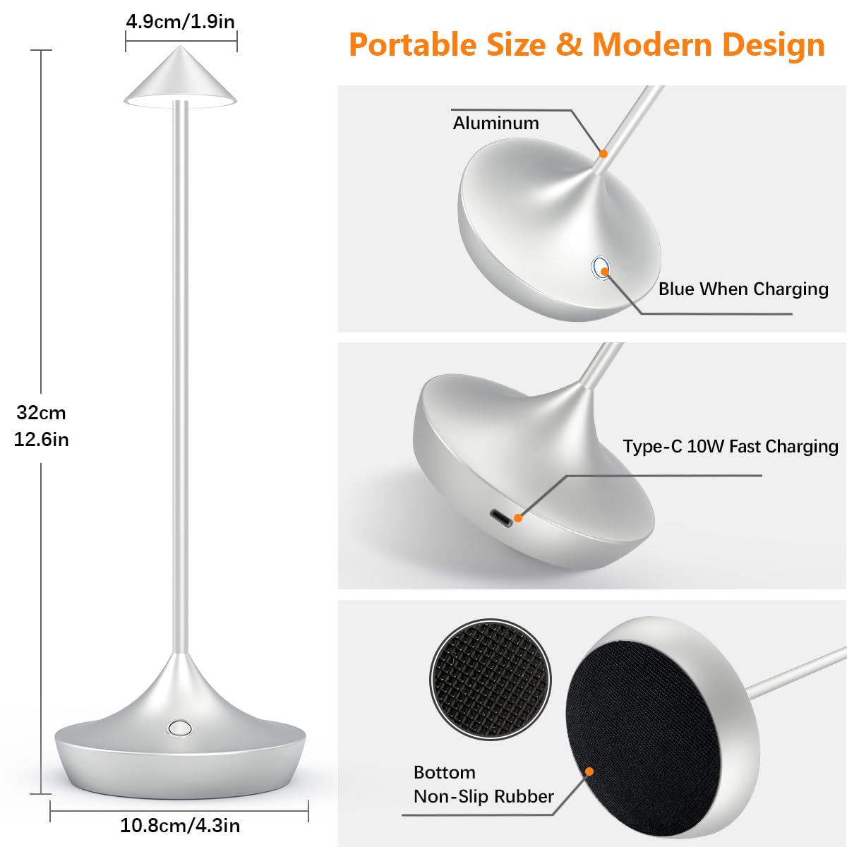 LED-Batterie Tischlampe Drahtloses , modernem Aluminium Dimmable Wireless Tischlampe 6000 mAh, wasserdicht, Tischlampen wiederaufladbar für Innen-Aussentisch Tisch Restaurant