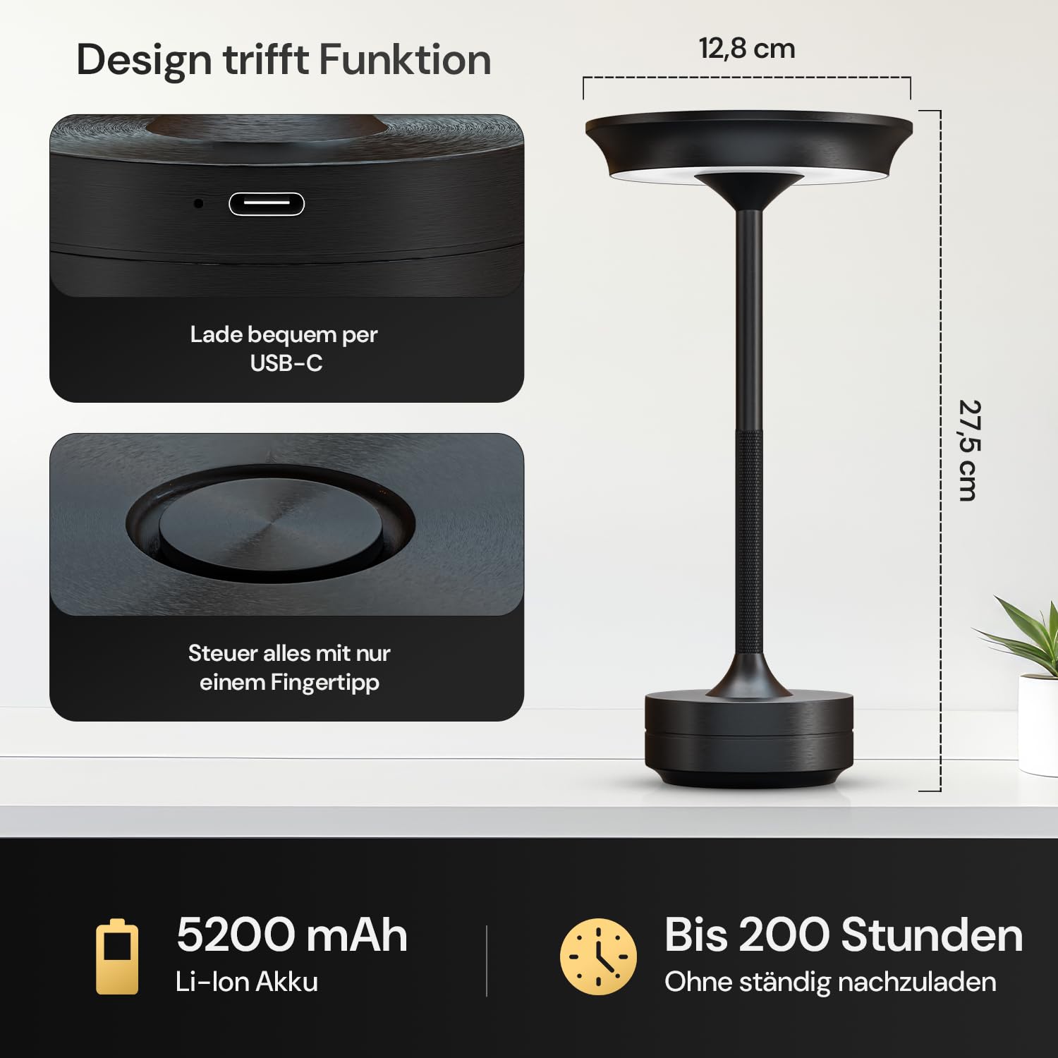 LED Tischlampe Wireless - Stilvolles Design mit Batterie & USB-C - 3 Lichtfarben & Dimmfunktion - Drahtlose Freiheit für Outdoor & Indoor - Dimmbare Batterietischlampe Wiederaufladbar