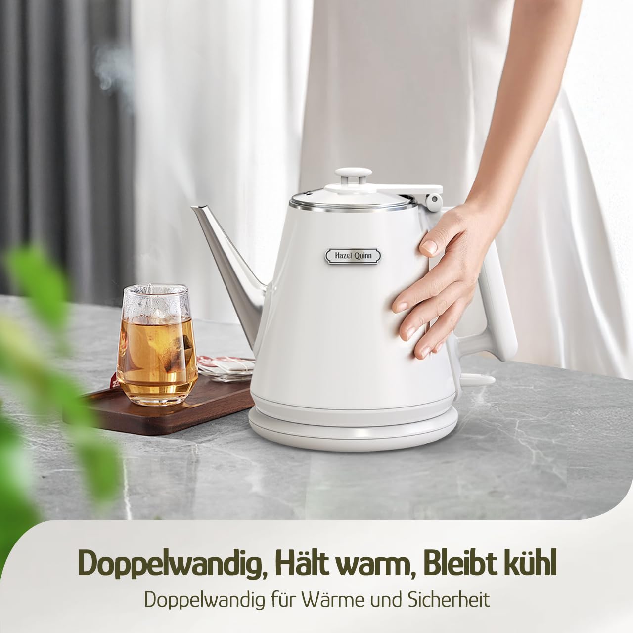 Elektrischer Wasserkocher, 1 Liter, Retro Design, Kleiner Teebereiter, Doppelwand, 304 Edelstahl, 1360W Schnelles Kochen, BPA-frei, automatische Abschaltung