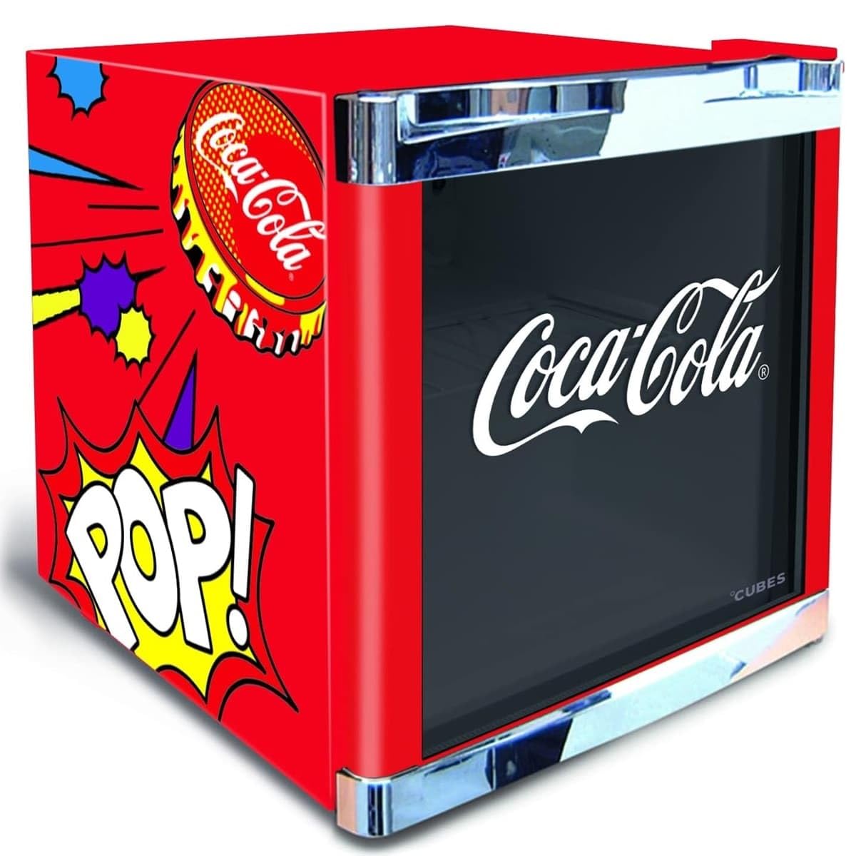 Coca Cola PopArt Kühlschrank 48 L, kleine Getränke Kühlschrank mit Glastür, perfekt für Partys und Handel, energieeffizient, 51 cm hoch, 98 kWh/Jahr - Flaschenkühlschrank Klein
