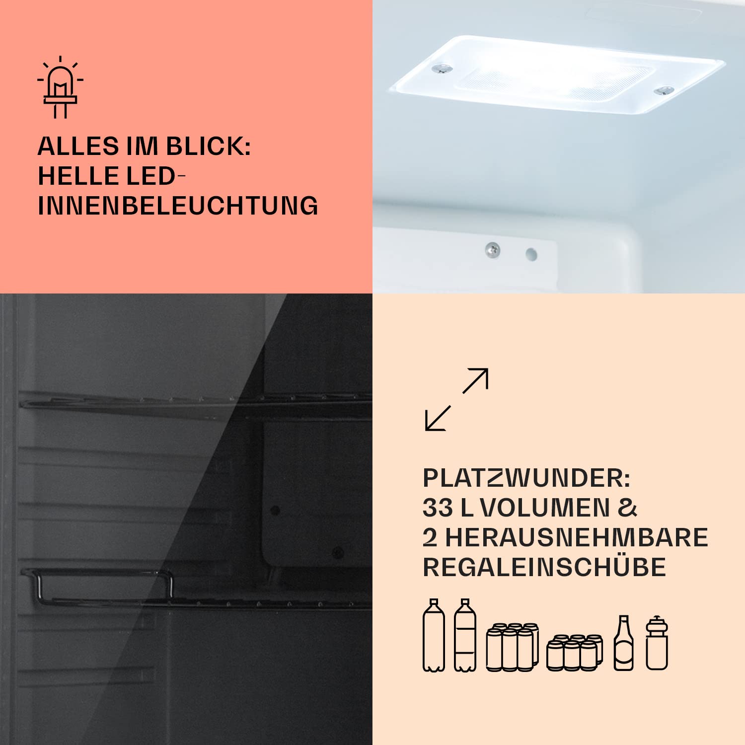 Getränkekühlschrank 33 L – Mini Kühlschrank mit Glastür, Silber-Schwarz | LED-Beleuchtung, herausnehmbare Metallablagen, leise, Flaschenkühlschrank für Getränke & Dosen