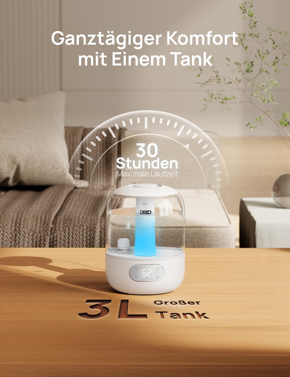 Luftbefeuchter für das Schlafzimmer, Kaltnebel-Ultraschallgerät mit 30 Stunden Laufzeit, 3L Top-Fill-Tank, Feuchtigkeitssensor, Nachtlicht für Babys, Kinderzimmer, für Pflanzen und Zuhause
