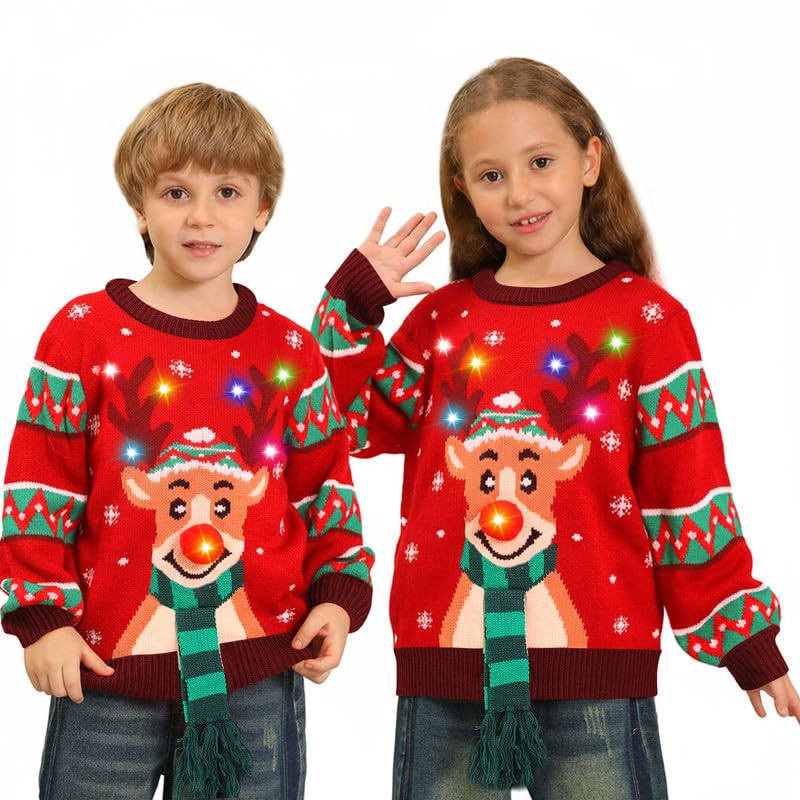 Hässliche Weihnachtspullover Kinder mit LED, hässlicher Weihnachtspullover, lustiges Weihnachtspullover Familienset, Weihnachtspullover Weihnachten mit Beleuchtung für Mädchen, Jungen
