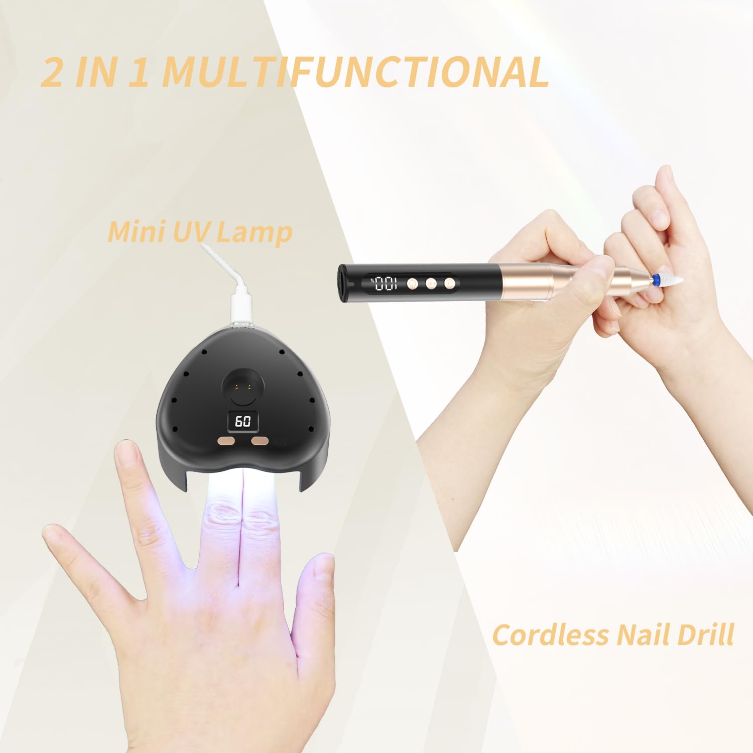 Nagelfräser Kabellos, Elektrische Nagelfeile Professionelle 2 in 1 Fräser für Gelnägel Acrylnägel mit Nagel UV LED Lampe, Maniküre und Pediküre Set Nail Drill 35000 U/Min Schwarz