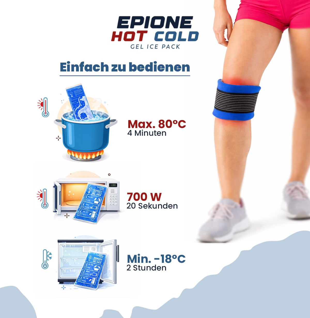 Kühlpads Epione 3XL Gelkissen kalt/warm – mit elastischem Gurt und Stoffhülle – wiederverwendbar zur Schmerzlinderung bei Muskel‑ und Gelenkschmerzen, Verletzungen und Physiotherapie