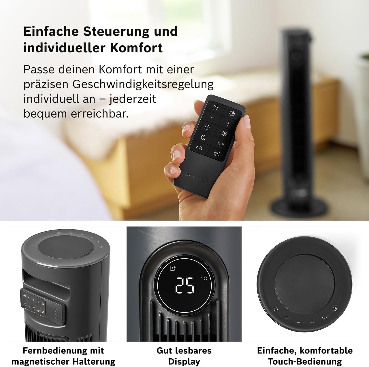 Bosch Tower Fan , Leiser Turmventilator, Midnight Grey | Mit Fernbedienung, 8 Geschwindigkeitsstufen, 90° Oszillation, Nachtmodus & 8-Stunden-Timer, 19 dB(A)