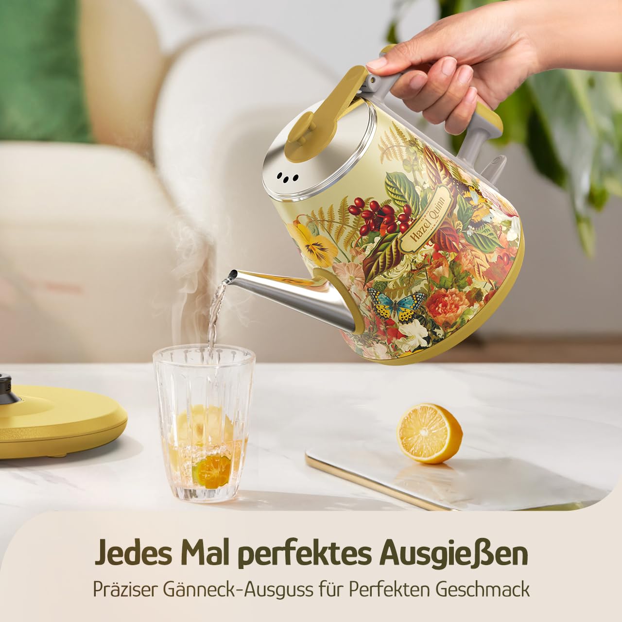 Elektrischer Wasserkocher, 1 Liter, Retro Design, Kleiner Teebereiter, Doppelwand, 304 Edelstahl, 1360W Schnelles Kochen, BPA-frei, automatische Abschaltung