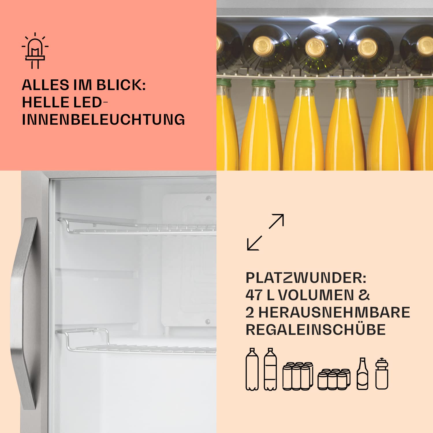 Getränkekühlschrank 33 L – Mini Kühlschrank mit Glastür, Silber-Schwarz | LED-Beleuchtung, herausnehmbare Metallablagen, leise, Flaschenkühlschrank für Getränke & Dosen