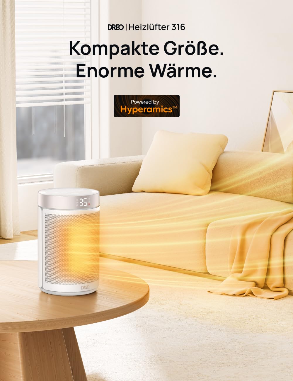 Energiesparender Heizlüfter, 34 dB Leiser 1500W Elektrischer PTC Keramik, Thermostat, Überhitzungs- & Kippschutz, 12 Std. Timer, Elektroheizung für Räume Schlafzimmer, Heater 316, Gold