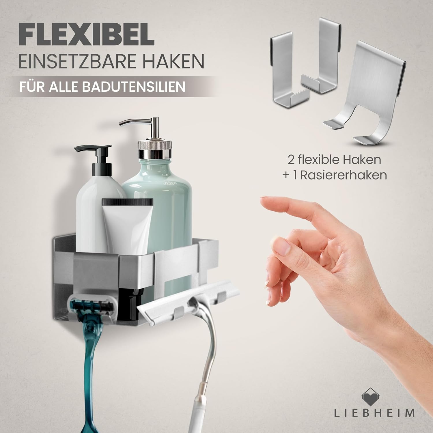 Duschablage Ohne Bohren - Badregal - Duschkorb - Bad Organizer | Massiv - silber gebürstet - 22 cm x 9 cm - 2 Klebevarianten für Nass- und Trockenbereich