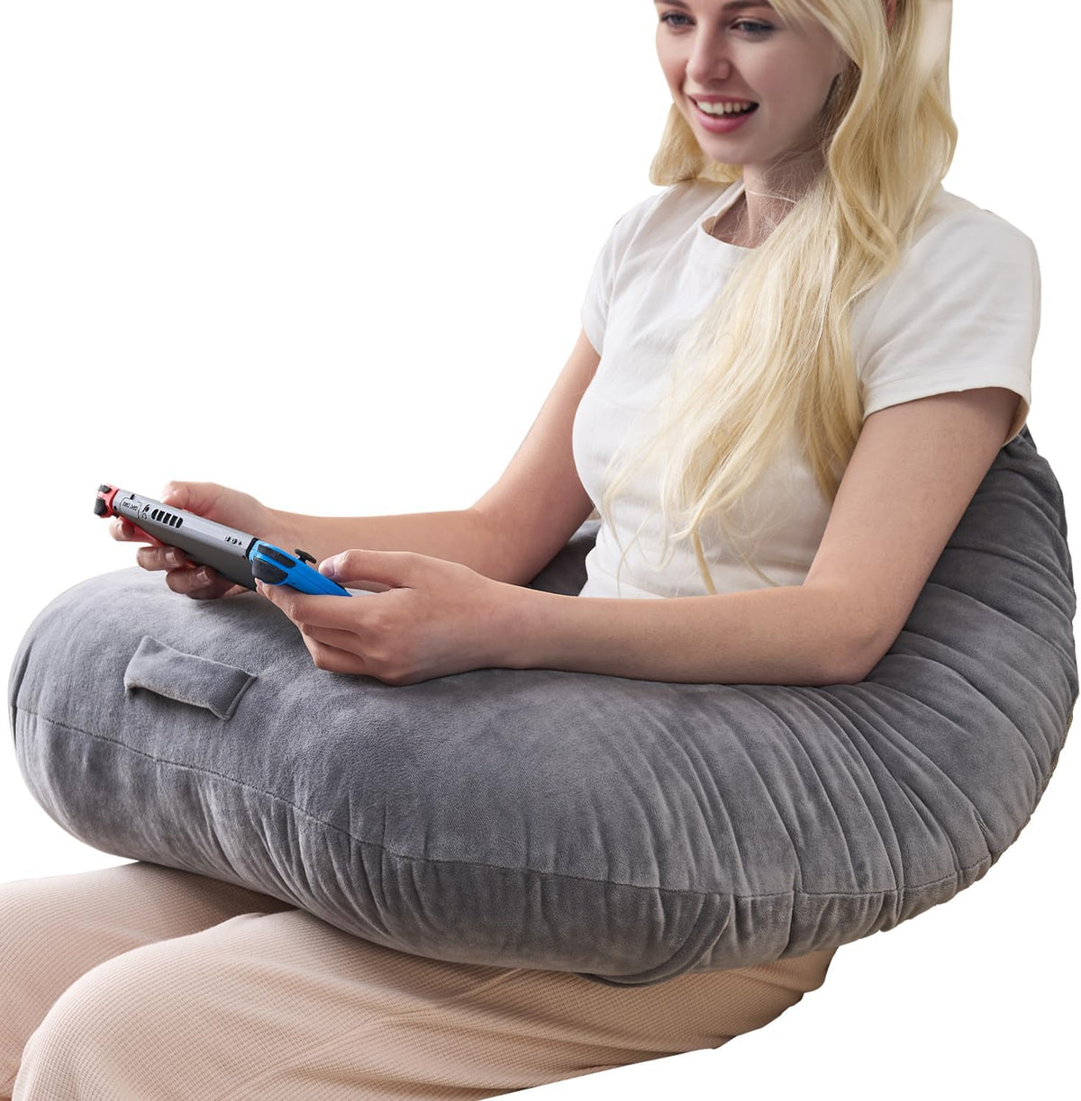Lesekissen, ergonomische Armstütze zum Spielen, Häkeln, Laptop-Stützkissen zum Sitzen im Bett & Sofa, Haltungskorrektur-Kissen für den Schoß, Samtbezug waschbar (Soft Grau)
