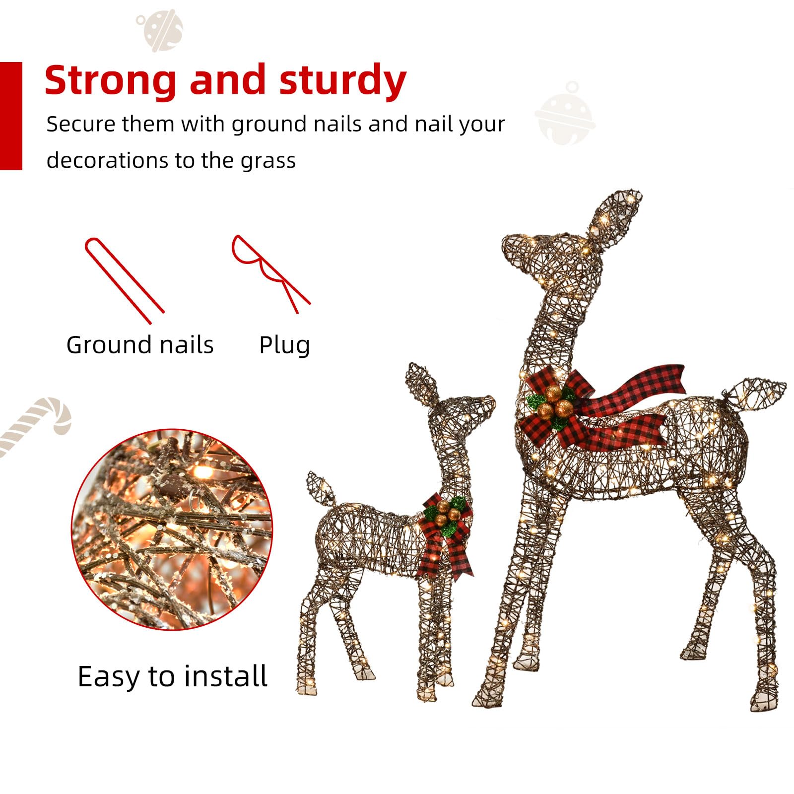 Beleuchtete Weihnachtsdekoration Deer 3 Stücke, Beleuchtete Weihnachtsdekoration Reindeer Familienset für Indoor Outdoor Vorderveranda mit LED, Stecker, Verlängerungskabel, Bodenpfähle, Gold