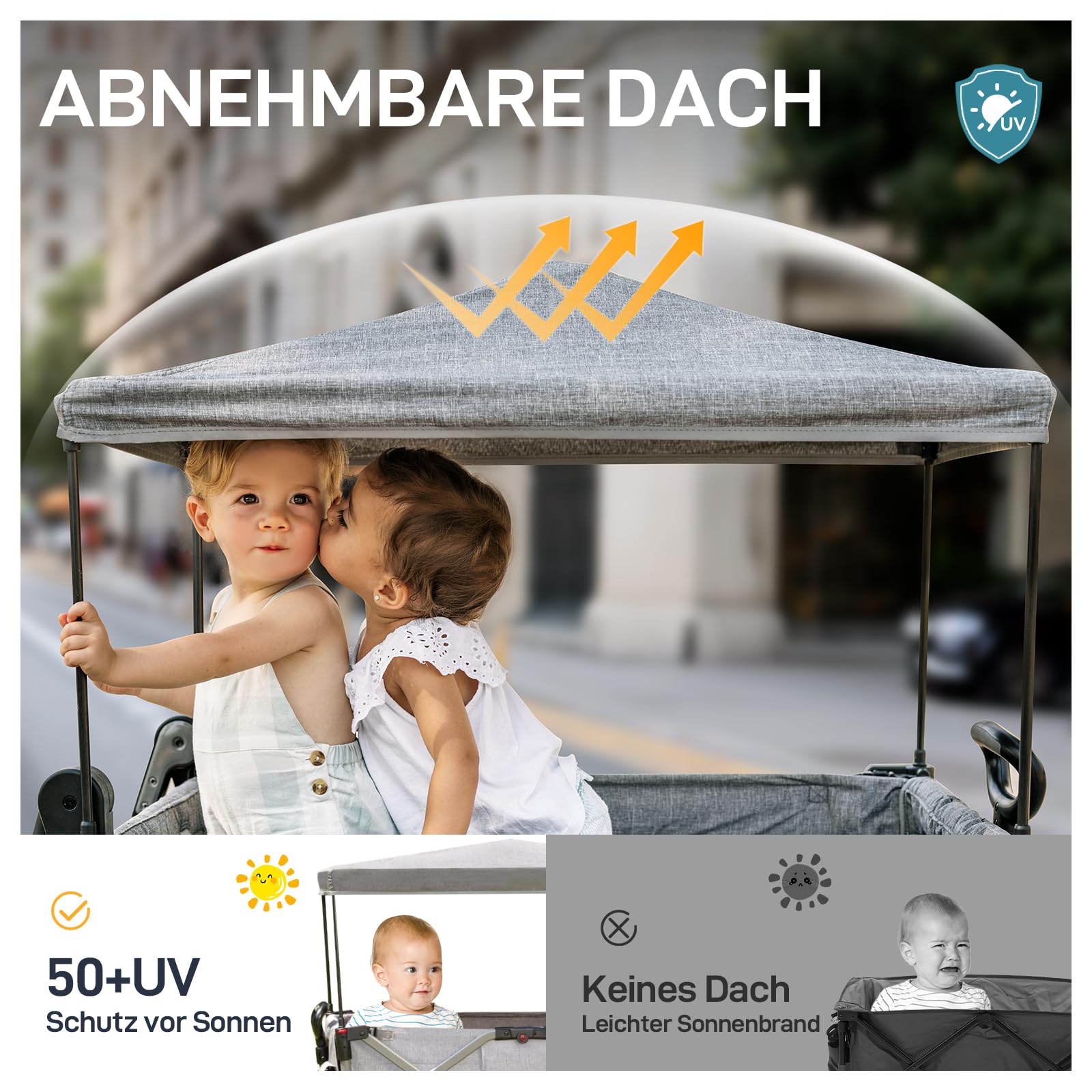 Bollerwagen für 2 Kinder Faltbar mit Dach, Kinderwagen 2x5 Punkt Sicherheitsgurt mit Wickelrucksack, Bollerwagen mit Sitz, Handwagen Transportwagen, Ziehen & Schieben, Fußbremse