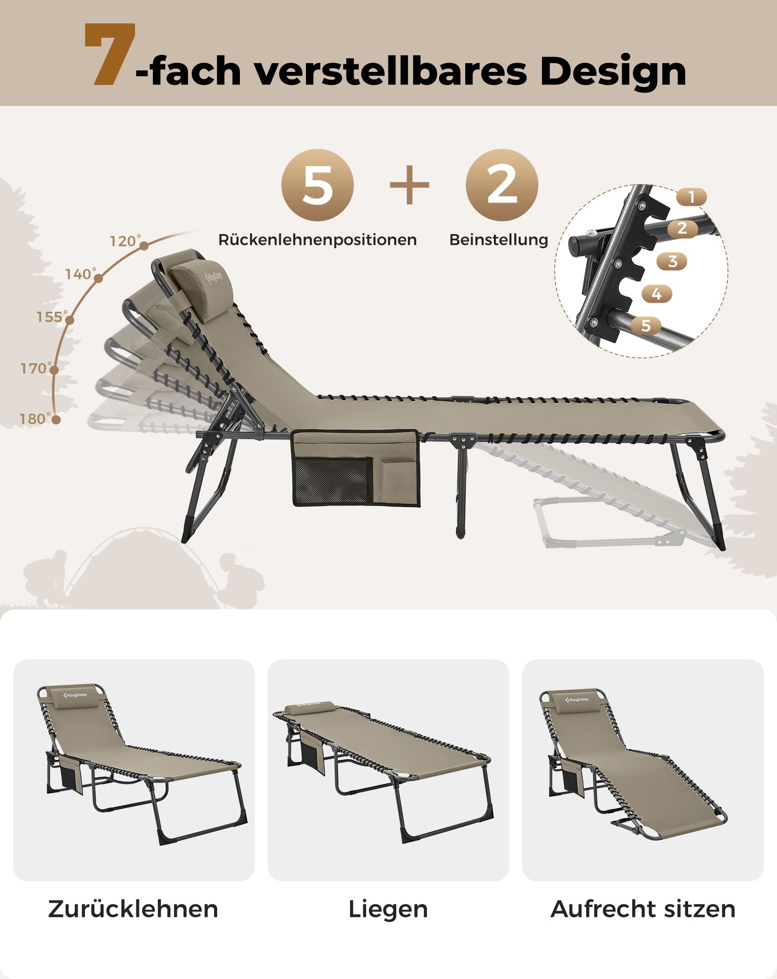 Sonnenliege Klappbar 5-Verstellbare, bis 180 kg, 2er Set, Blau | Gartenliege Klappbar, mit Kopfstütze & Seitentasche, Sonnenliege Wetterfest, Strandliege für Garten Terrasse Pool Camping