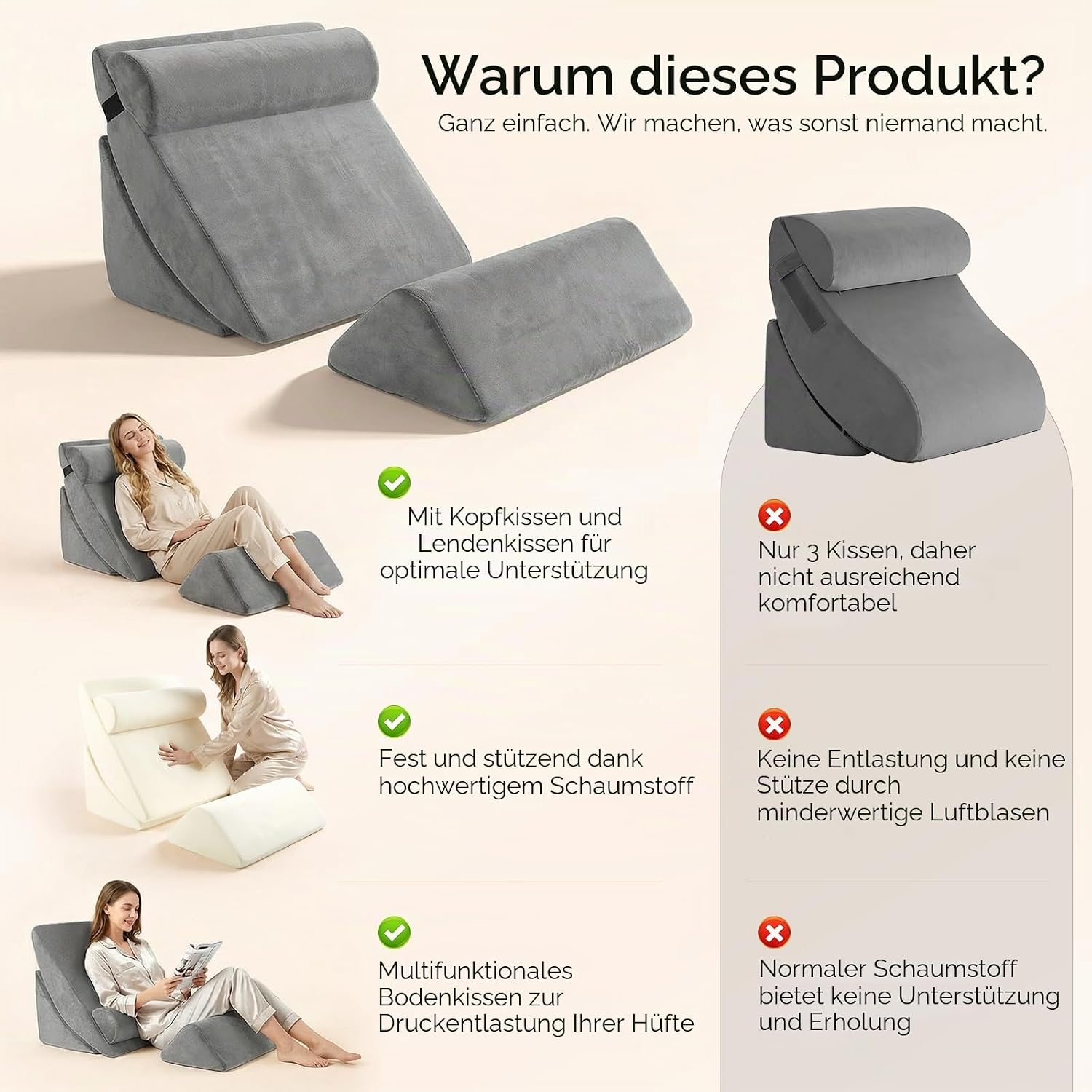4-teiliges Keilkissen-Set aus Memory-Schaumstoff, Höhenverstellbare Schlaf- und Lesekissen für Sofa und Bett, Waschbare Bezüge in Grau