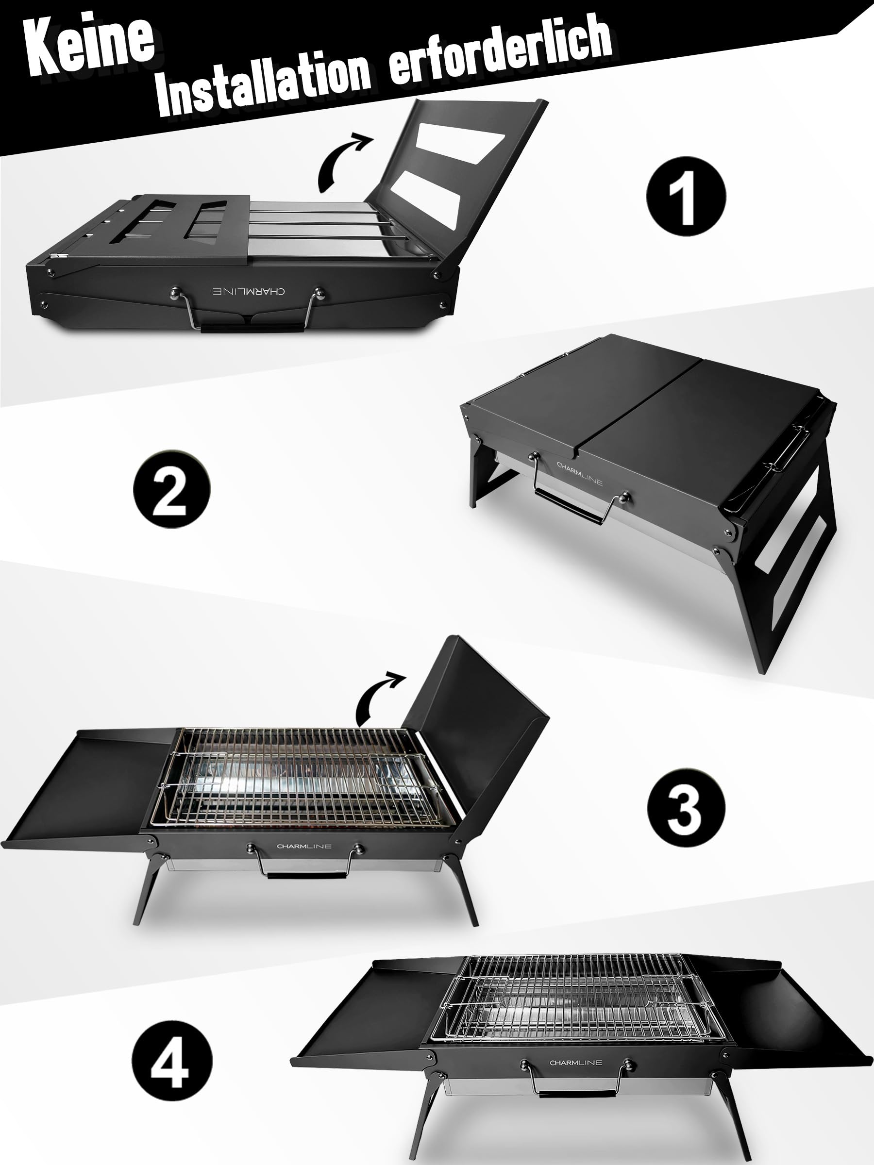Tragbarer Holzkohlegrill, Klappbarer Campinggrill 35 x 23 cm für 1–3 Personen, Mini BBQ Grill für Balkon, Garten, Camping, Picknick und Strand