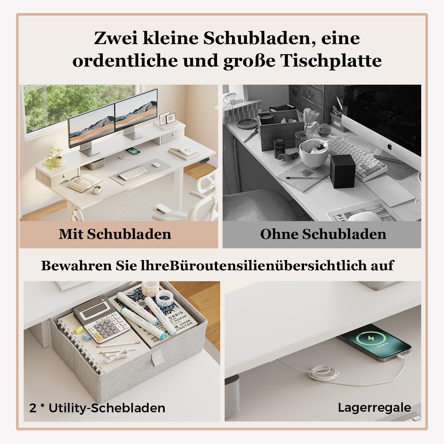 Höhenverstellbarer Schreibtisch mit Doppelschubladen, Elektrisch Höhenverstellbarer Schreibtisch, Sitz-Steh-Computertisch, Ergonomischer Stehschreibtisch