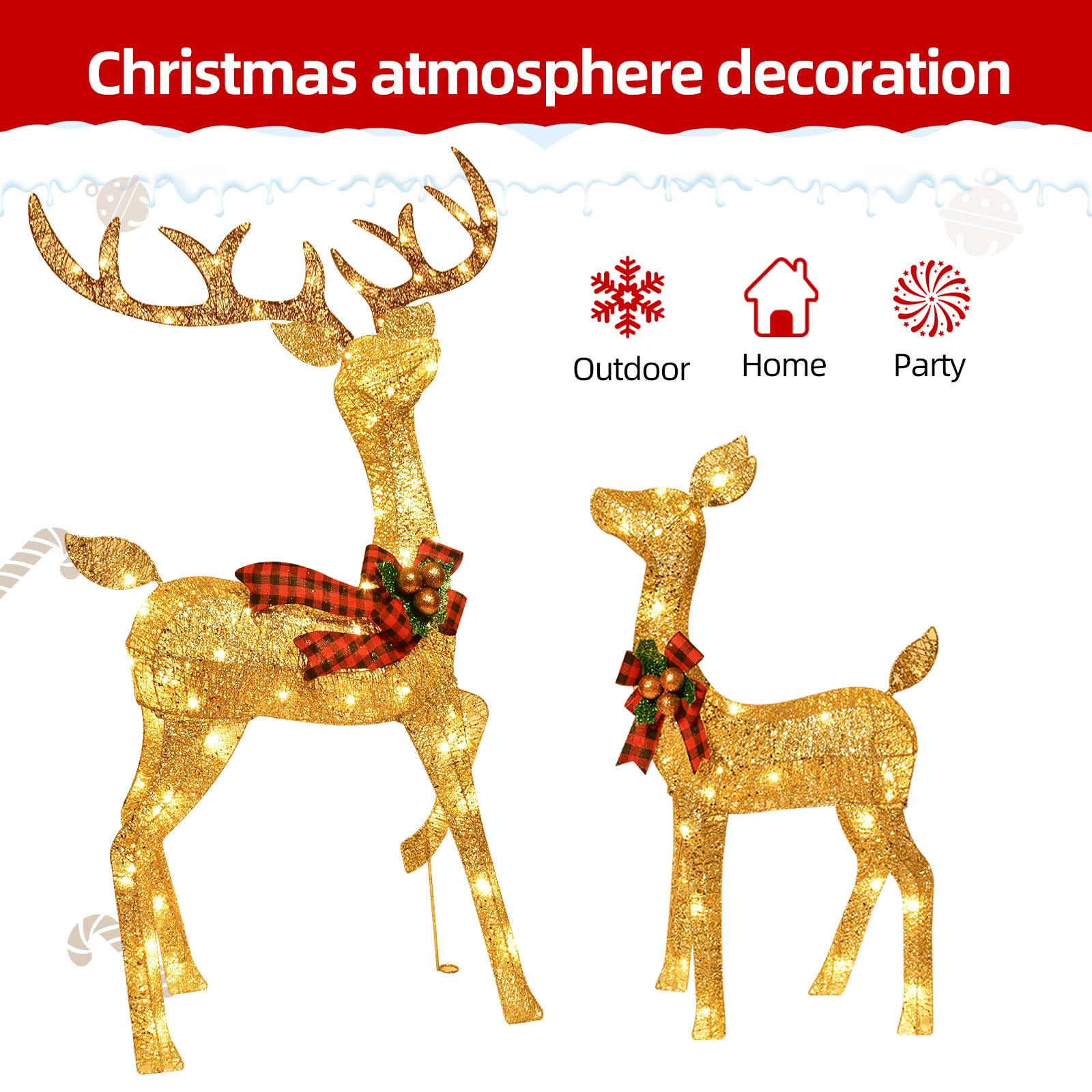 Beleuchtete Weihnachtsdekoration Deer 3 Stücke, Beleuchtete Weihnachtsdekoration Reindeer Familienset für Indoor Outdoor Vorderveranda mit LED, Stecker, Verlängerungskabel, Bodenpfähle, Gold