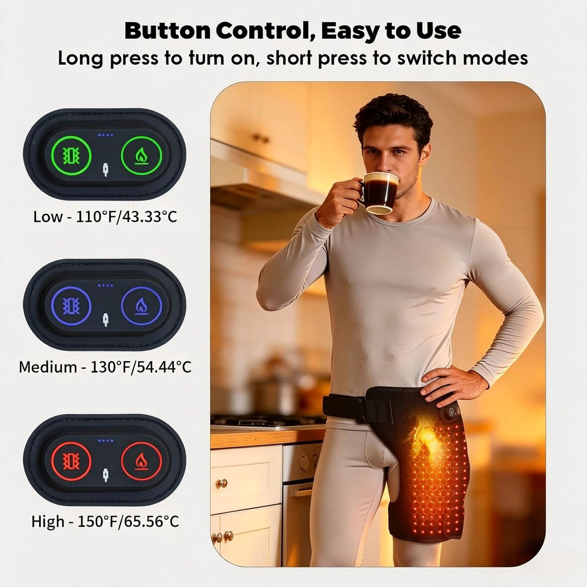 Hüftheizkissen mit Rotlicht, Hipora 4-in-1 Hüftmassager mit 5000mAh Akku, 105 LEDs 660nm, 3 Heizstufen und Vibrationsmassagemodi, Tragbares Heizkissen für Hüfte und Oberschenkel