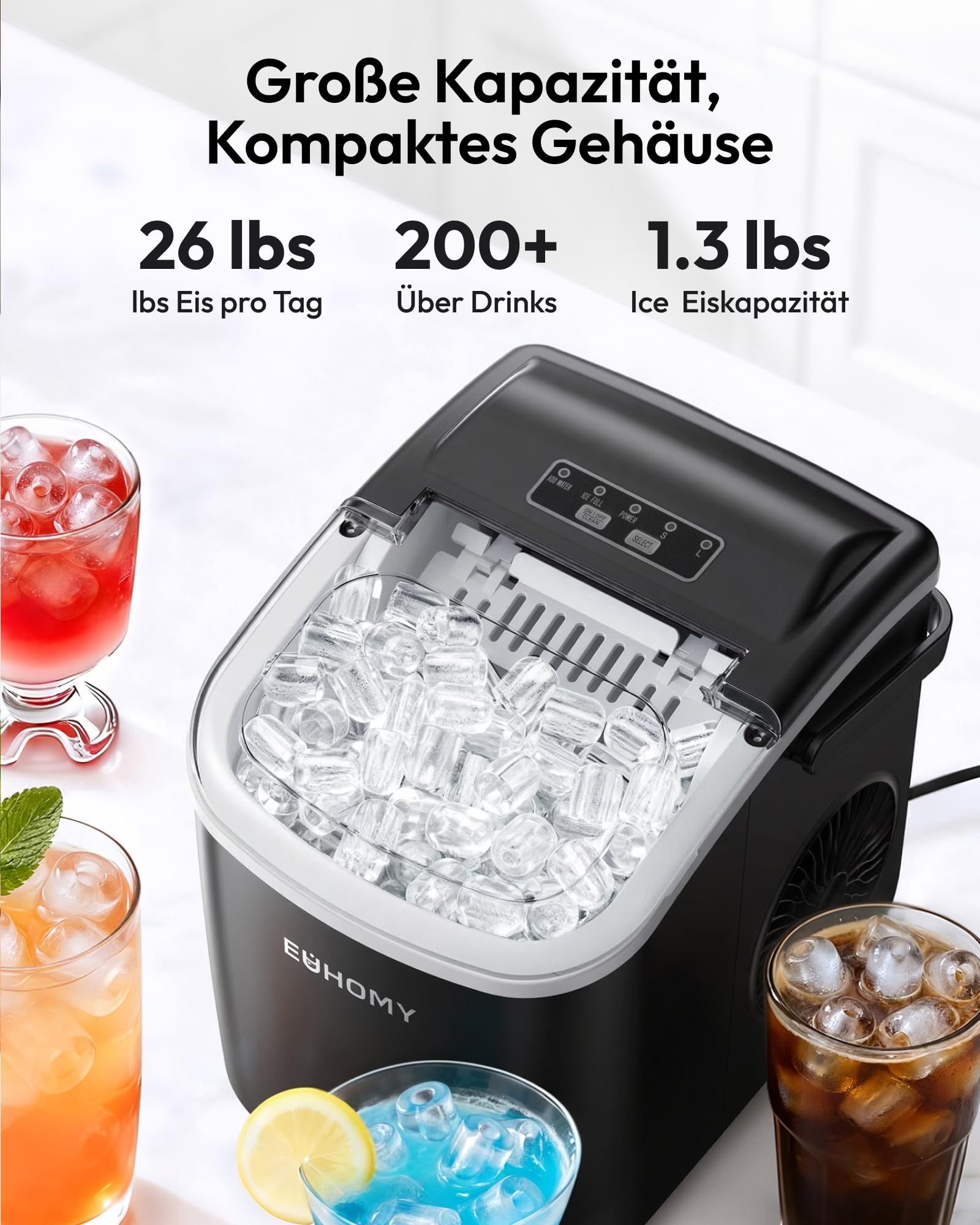 Eiswürfelmaschine Klein, 9 Eiswürfel in 6 Minuten, 12 kg/24H, Eiswürfelmaschine Edelstahl mit Tragbarem Griff, Selbstreinigender Kompakter Eiswürfelmaschinen für Zuhause/Küche/Büro/Bar