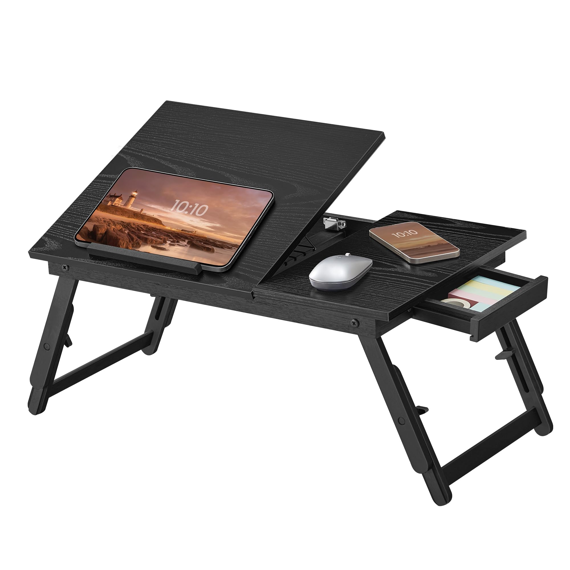 Laptoptisch für Bett, Laptopständer, Winkel- und höhenverstellbar, klappbare Beine, für Laptops bis 15,6 Zoll, Arbeiten, Lesen, Bambusbeine, Schublade, 55,5 x 34,9 cm, vintagebraun LLD105B01