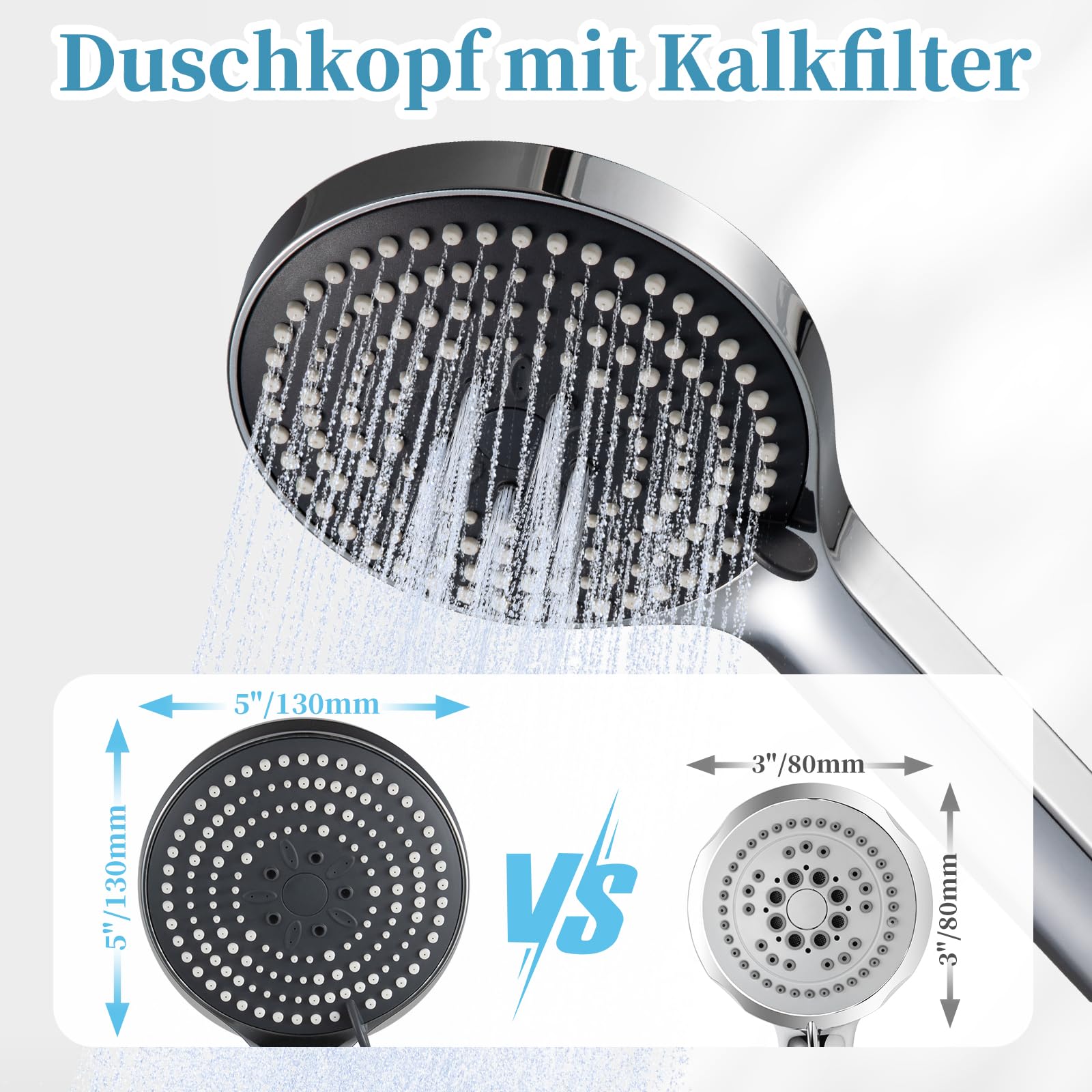 Duschkopf Groß xxl mit 6 Strahlarten, Duschbrause für Duschkopf Wassersparend, Chrom