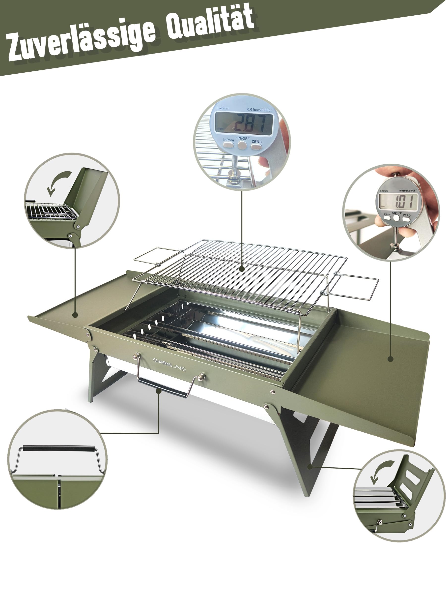 Tragbarer Holzkohlegrill, Klappbarer Campinggrill 35 x 23 cm für 1–3 Personen, Mini BBQ Grill für Balkon, Garten, Camping, Picknick und Strand