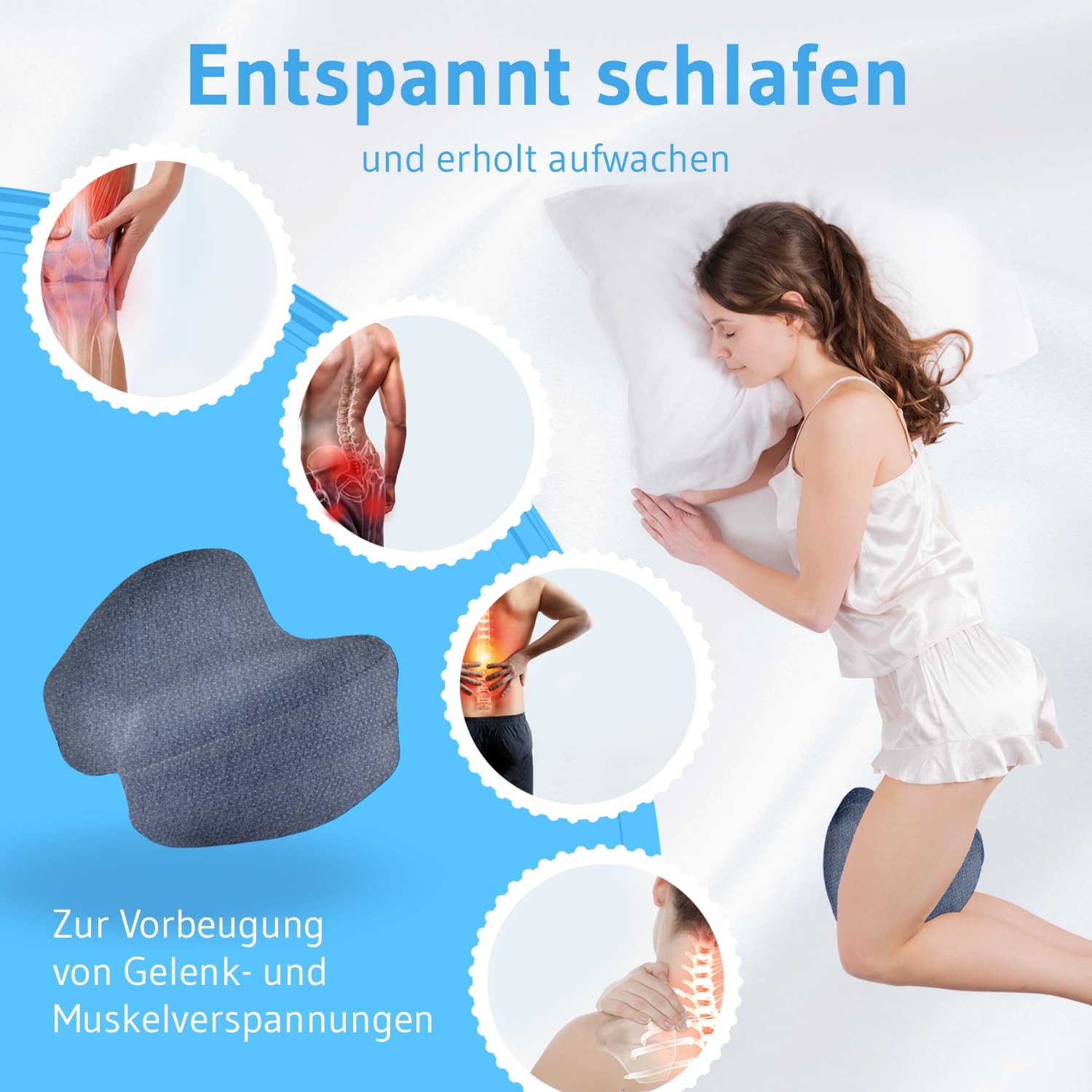 Kniekissen für Seitenschläfer, Orthopädisches Bein-Kissen für eine optimale Schlafhaltung, Ergonomisches Lagerungskissen aus viscoelastischem Memory Schaum, atmungsaktiver & waschbarer Bezug 23,5x9,5