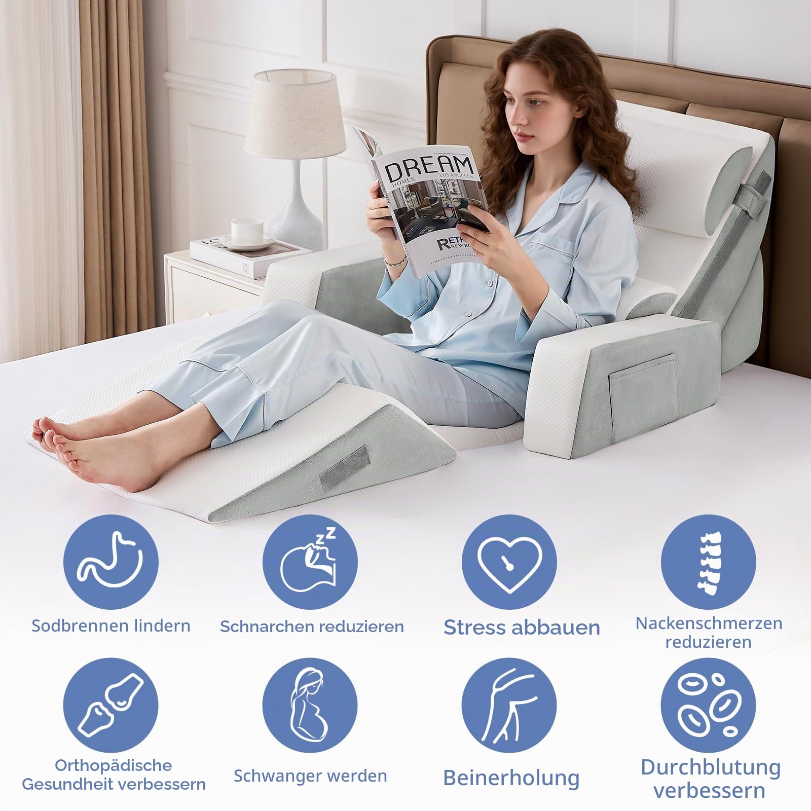 9PCS Orthopädische Bett Keil Kissen Set,Post Chirurgie Schaum Kissen für Körper, Rücken und Beine Schmerzlinderung,Justierbare Stützkissen mit Säure Reflux Bed Wedge Memory Foam Durchgehend dunkelgrau