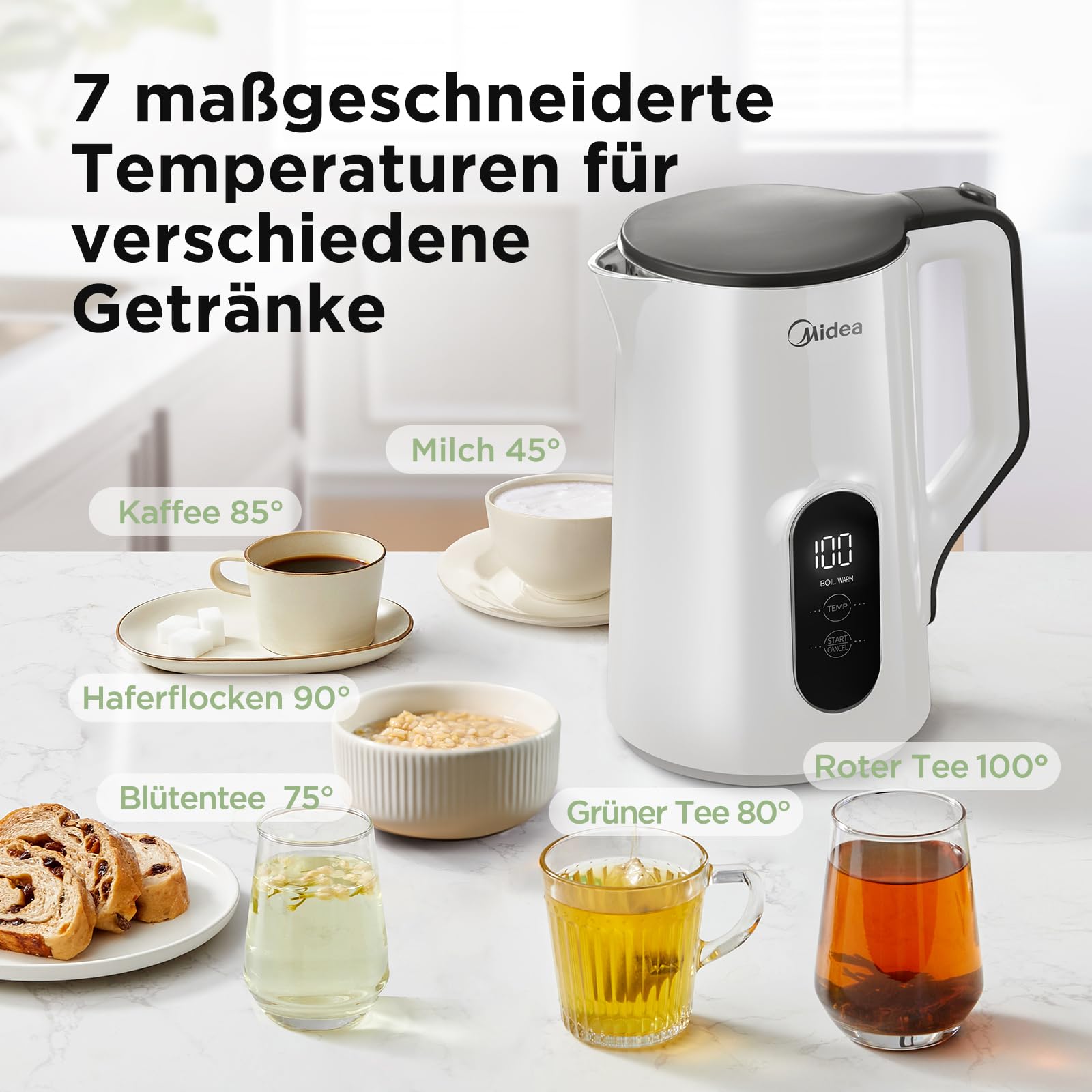 Edelstahl-Kessel mit Temperatureinstellung, 45°C - 100°C, 1,5 Liter, 2200 W Wasserkocher weiß, Teebereiter mit Temperaturanzeige und Sicherheitsfunktionen, BPA-frei, Doppelwanddesign