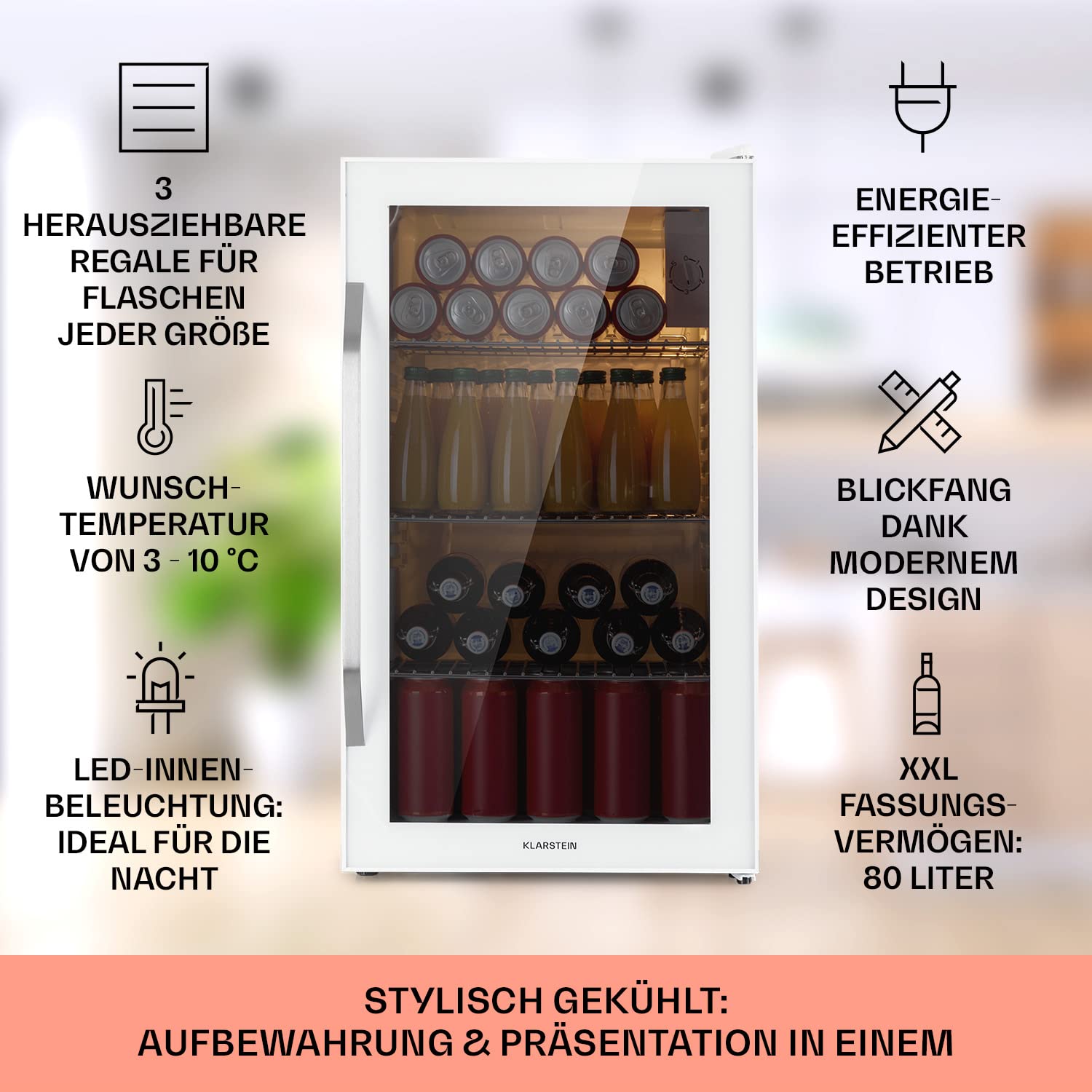 Beersafe Getränkekühlschrank 60 L – Mini Kühlschrank mit Glastür, Kupfer | LED-Beleuchtung, herausnehmbare Metallablagen, leise, Flaschenkühlschrank für Getränke & Dosen