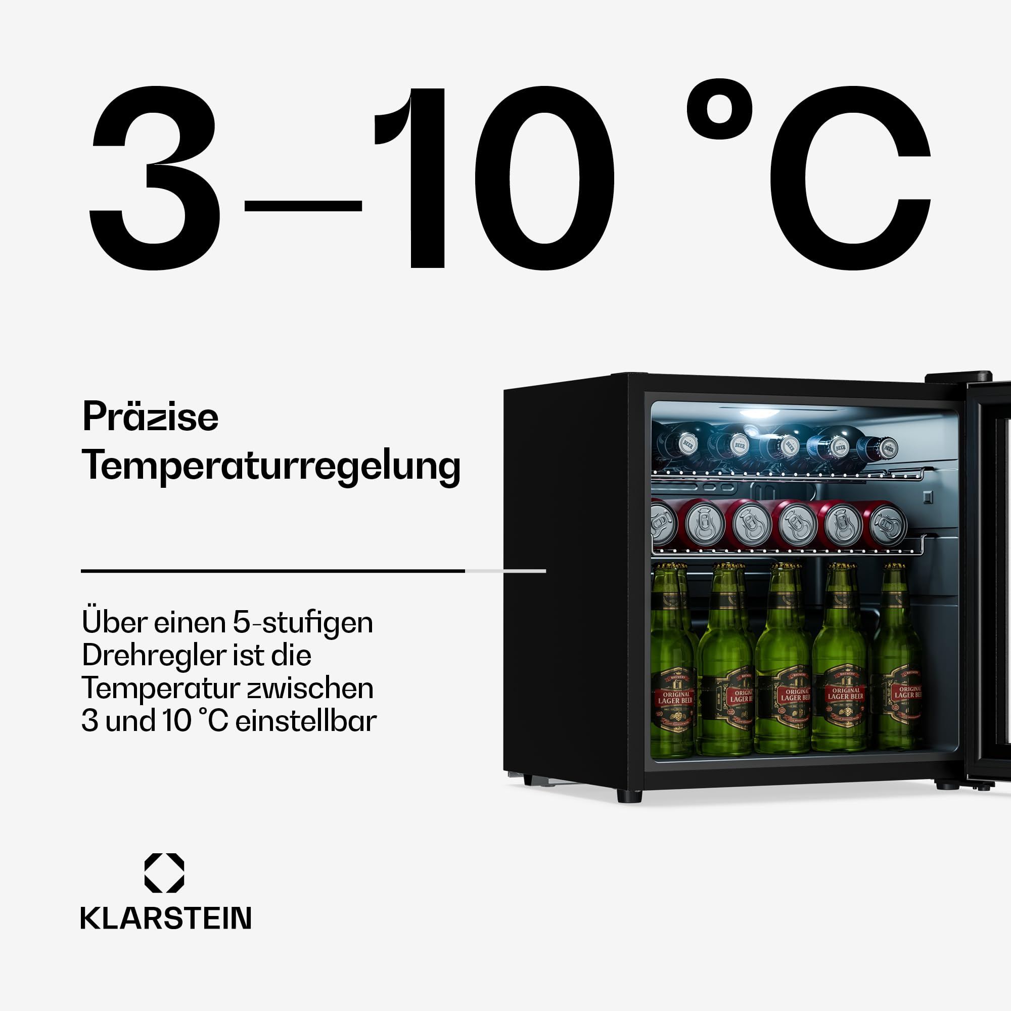 Getränkekühlschrank 33 L – Mini Kühlschrank mit Glastür, Silber-Schwarz | LED-Beleuchtung, herausnehmbare Metallablagen, leise, Flaschenkühlschrank für Getränke & Dosen