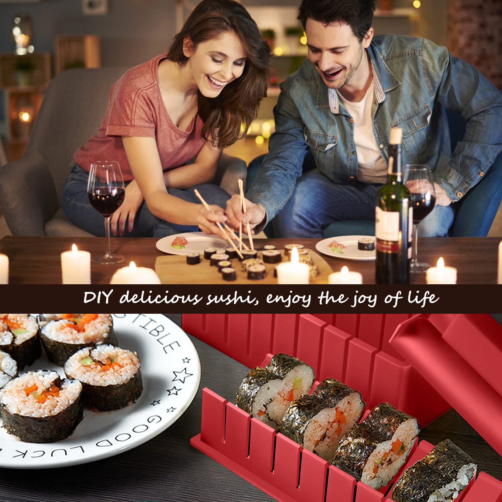Sushi Set, 20-teiliges Kit für Anfänger, um sich selbst Sushi zu machen, Sushi-Platte mit Reisrollenformen, Gabel, Messer, Rollmatte, Sticks