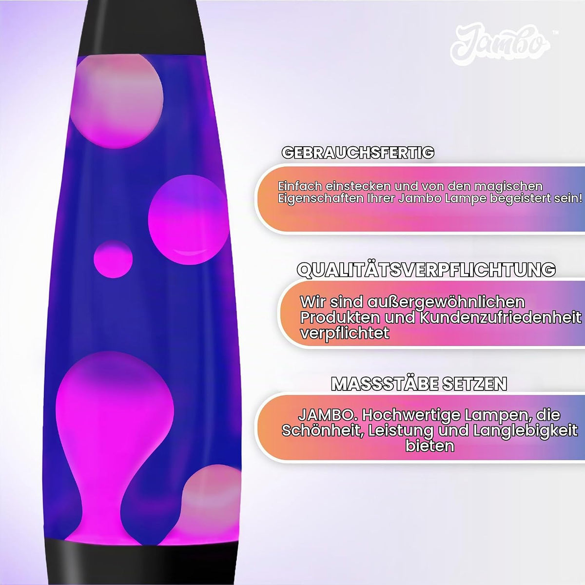 Jambo Liquid-Motion-Lampe mit schwarzem Sockel (Black Base, Purple Liquid, White Wax, 16")