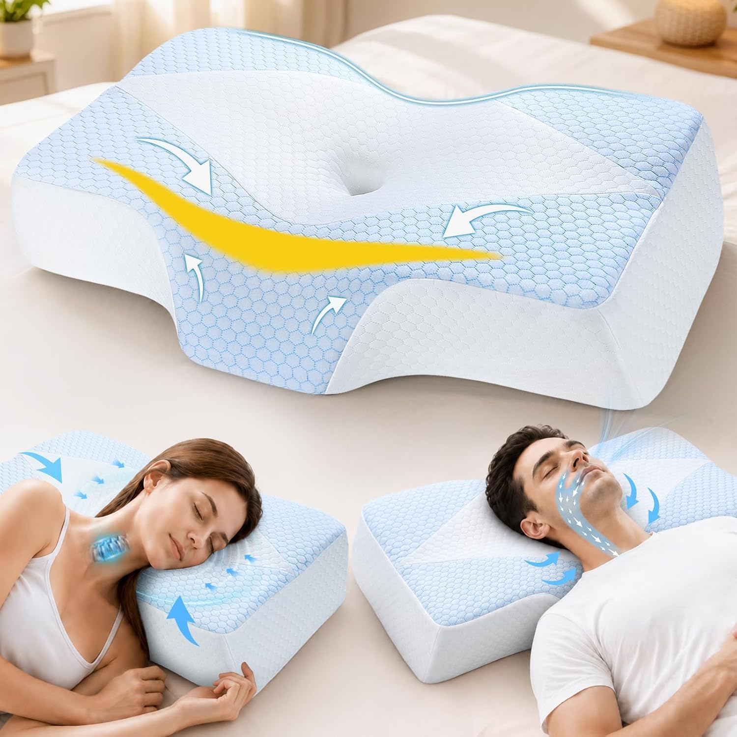 Nackenstützkissen gegen Nackenschmerzen, orthopädisches Kopfkissen, ergonomisches Memory Foam Nackenkissen mit 2 Höhen, Hohlraum & kühlendem Bezug, für Seiten- und Rückenschläfer