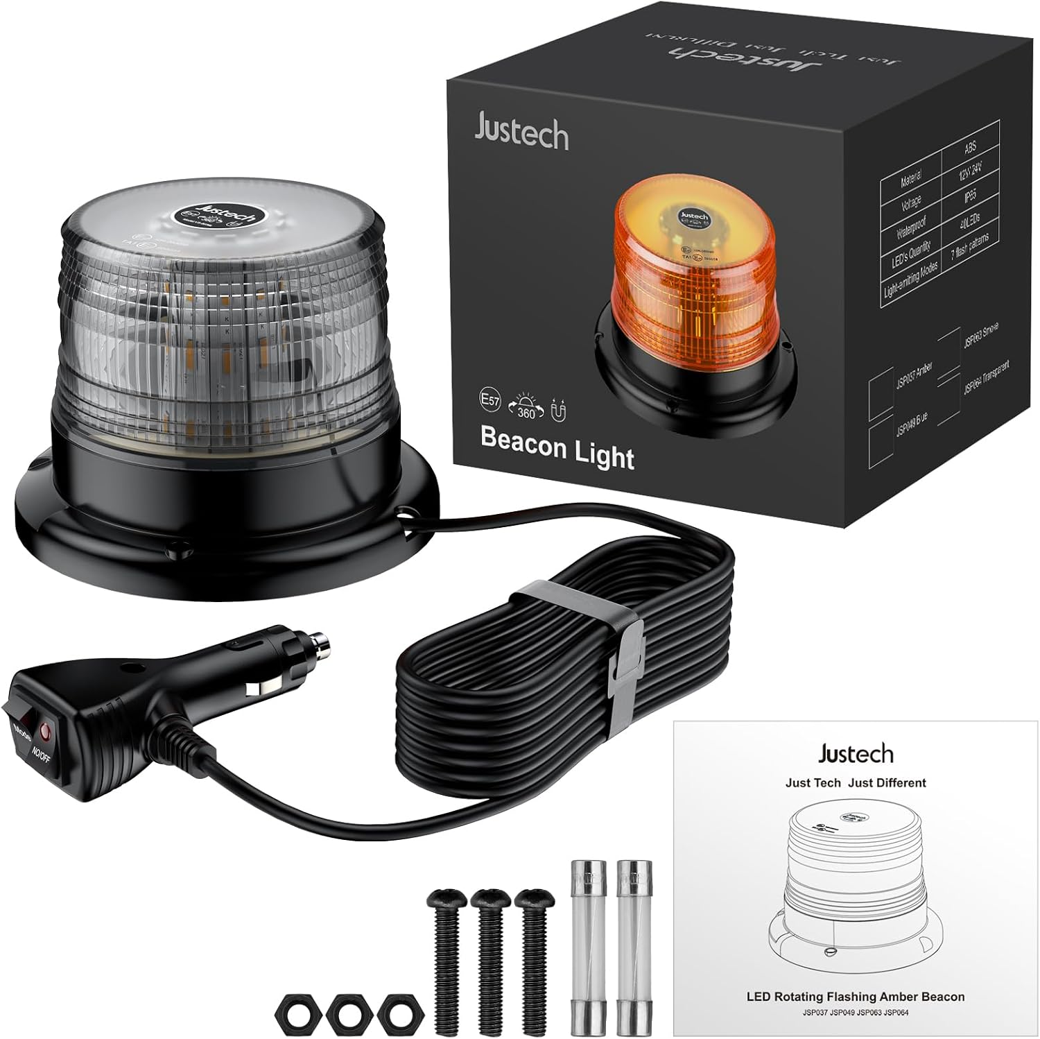 Warnleuchte Rundumleuchte 360° Gelb Blitzleuchte 7 modus mit 5m Netzkabel Doppelter Schraube 12V / 24V Warnlicht mit Magnetfuß Notfallblinklampe Magnet Transparent für Auto LKW usw