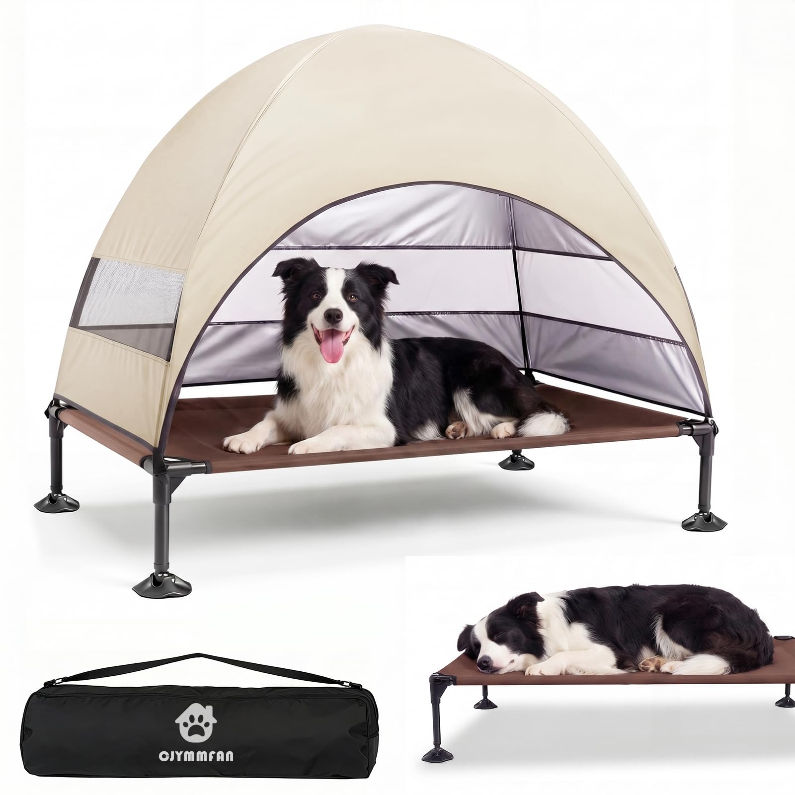Erhöhtes Hundebett Outdoor mit UV-beständiges Dach，Hundeliege Klappbar mit Anti-Rutsch-Füßen, Hundezelt Outdoor mit Großem Schatten, Kühlendes ErhöHtes Hunde Bett für Camping, Garten & Pool (Grau, L)
