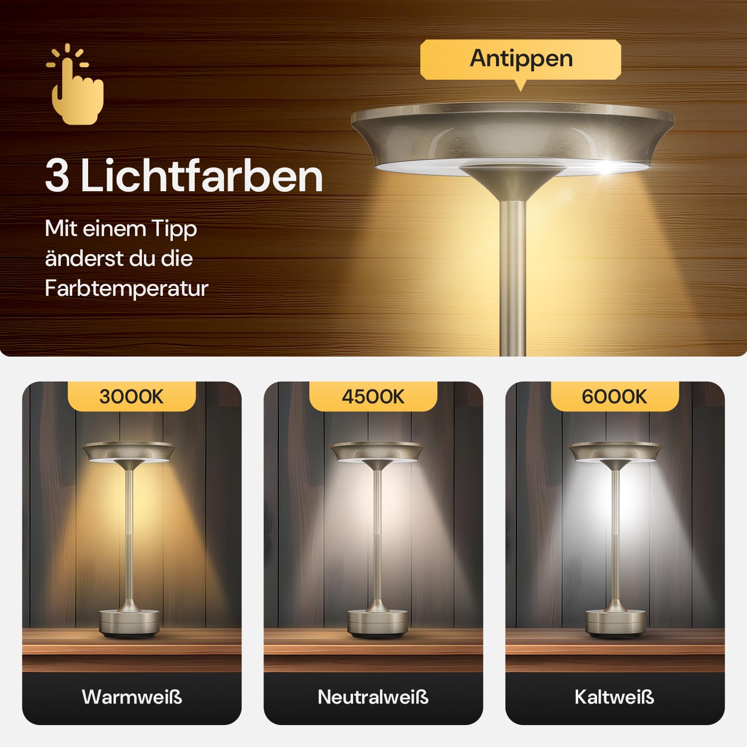 LED Tischlampe Wireless - Stilvolles Design mit Batterie & USB-C - 3 Lichtfarben & Dimmfunktion - Drahtlose Freiheit für Outdoor & Indoor - Dimmbare Batterietischlampe Wiederaufladbar