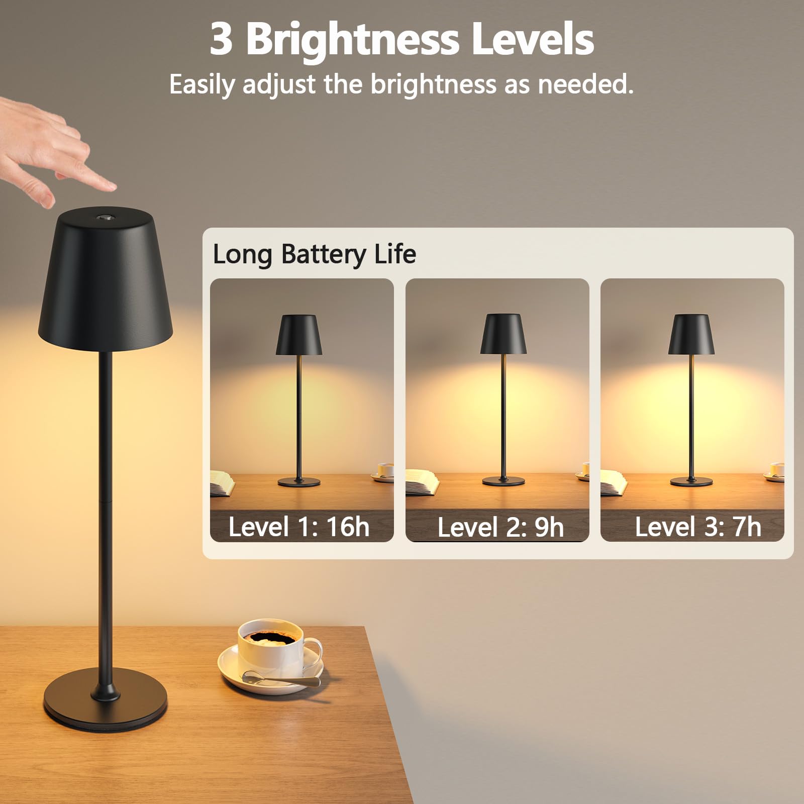 LED Tischlampe Wireless Dimmbare Nachttischlampe Touch, Batterie Tischlampe Wireless, Indoor Aussentischlampe Batterie, 3-Level Warmes Licht, IP54 Wasserdicht, Vollmetallgehäuse