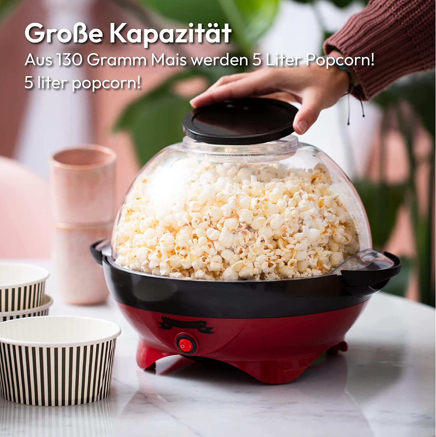 Popcorn Machine Large - Retro Popcorn Maker 5 L - Popcorn Maker with Non-Stick Coating and Removable Heating Surface - Popcorn Machine Red - Popcorn Machine 800 W - Popcorn Machine