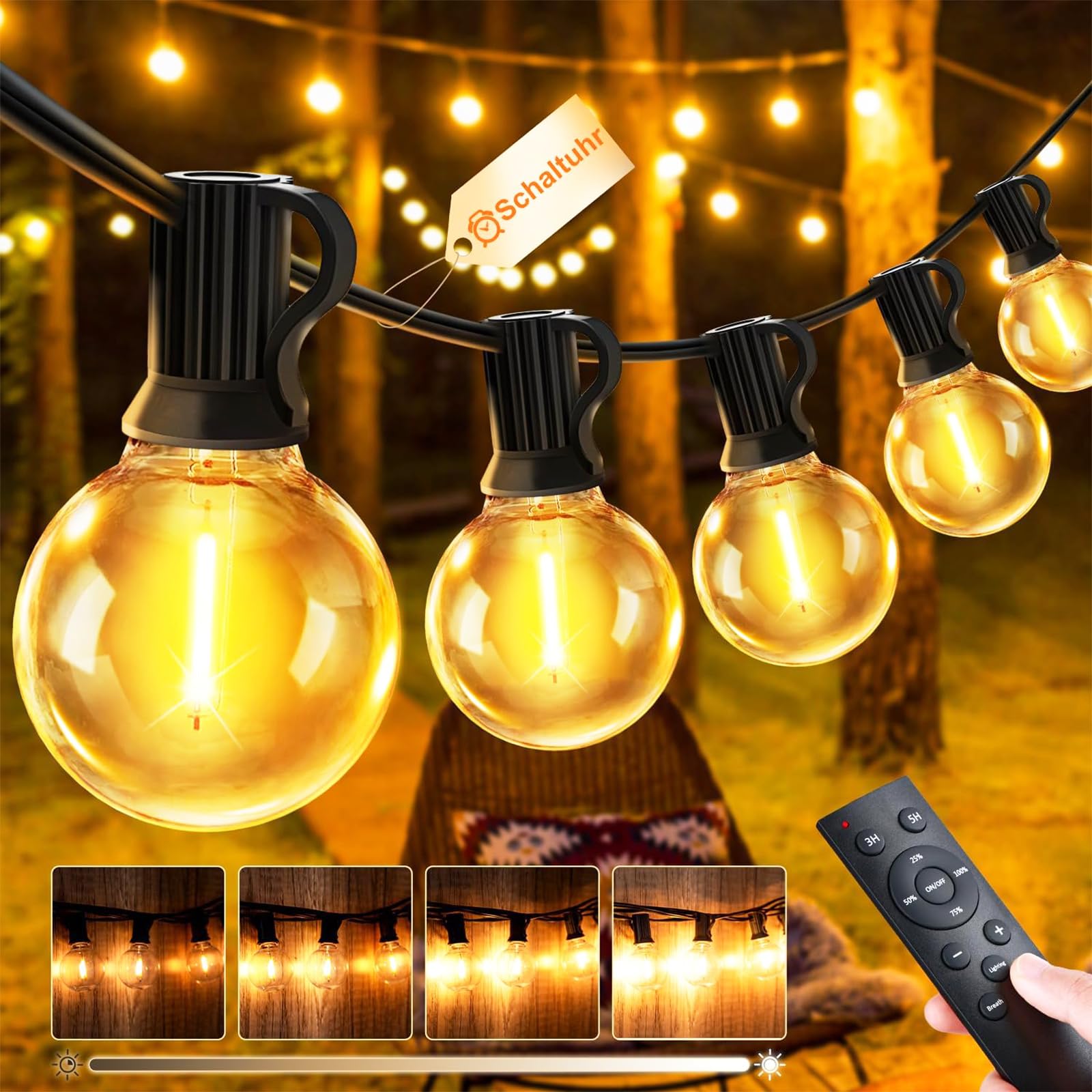 Lichterkette Außen Outdoor LED Strom - Aussen Beleuchtung Garten Balkon - Lichterketten Glühbirnen Pavillon Terrasse Party Draußen String Lights - Wetterfest Dimmbar Fernbedienung Partybeleuchtung