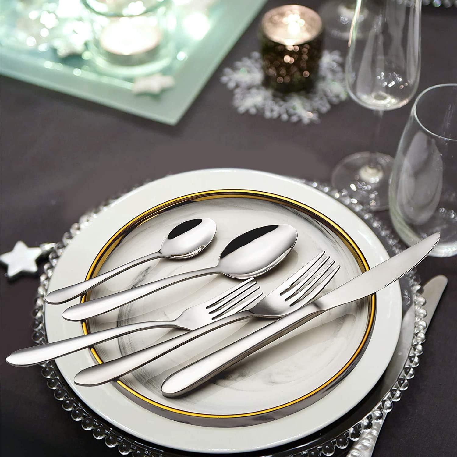 48-teiliges Besteckset, Edelstahl Besteckset für 8 Personen mit Besteck-Servierset 10-teilig bestehend aus Messer, Gabel, Löffel, Besteckheber, Edelstahl poliert, glänzend, Spülmaschine