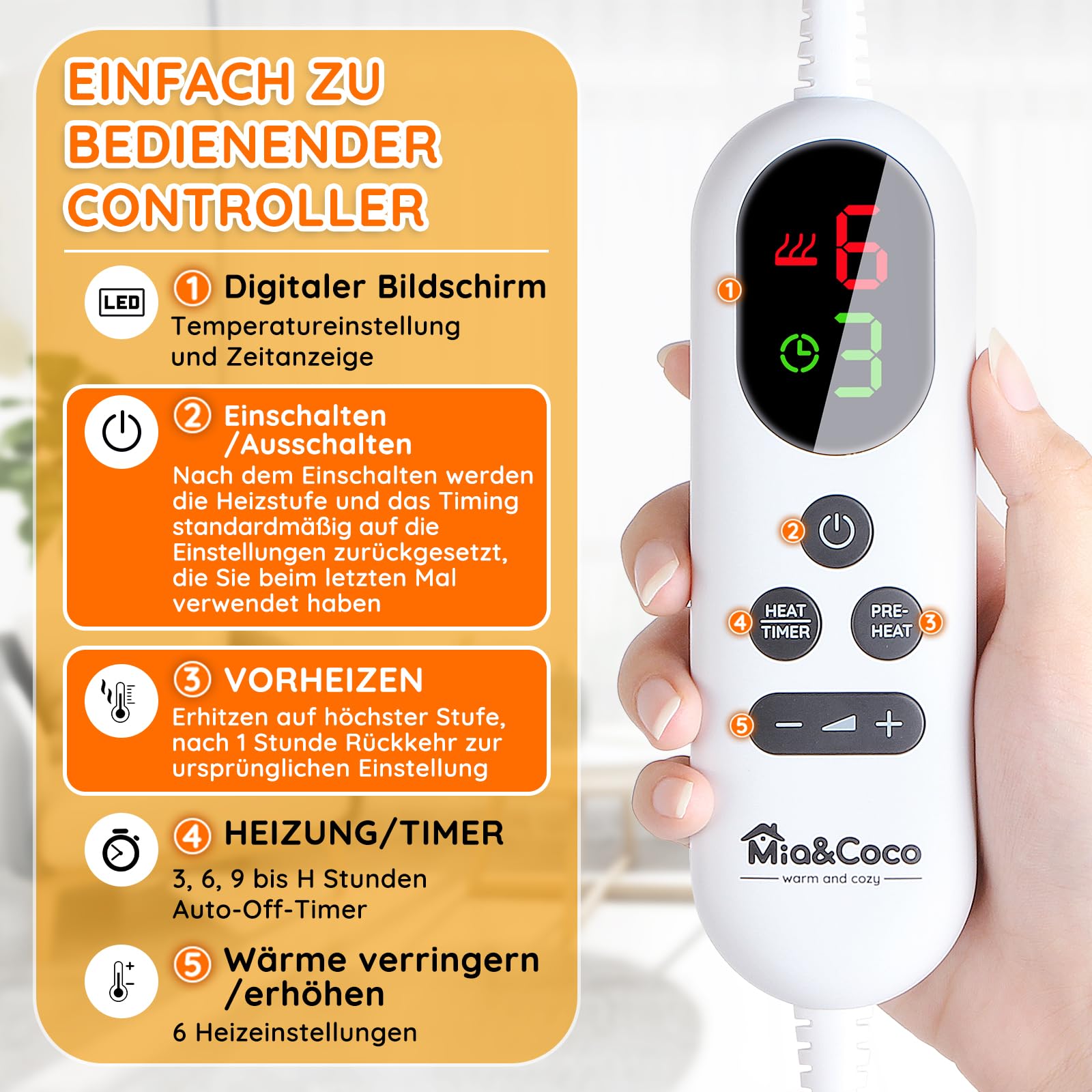 Heizkissen für Rücken, Schulter, Hals, 60 x 100 cm, Wärmekissen mit automatischer Abschaltung, Schnellerwärmung, mit Taillette, Rückenwärmer, elektrische Decke, 6 Wärmeeinstellungen, Auto-Off-Timer, Flanell