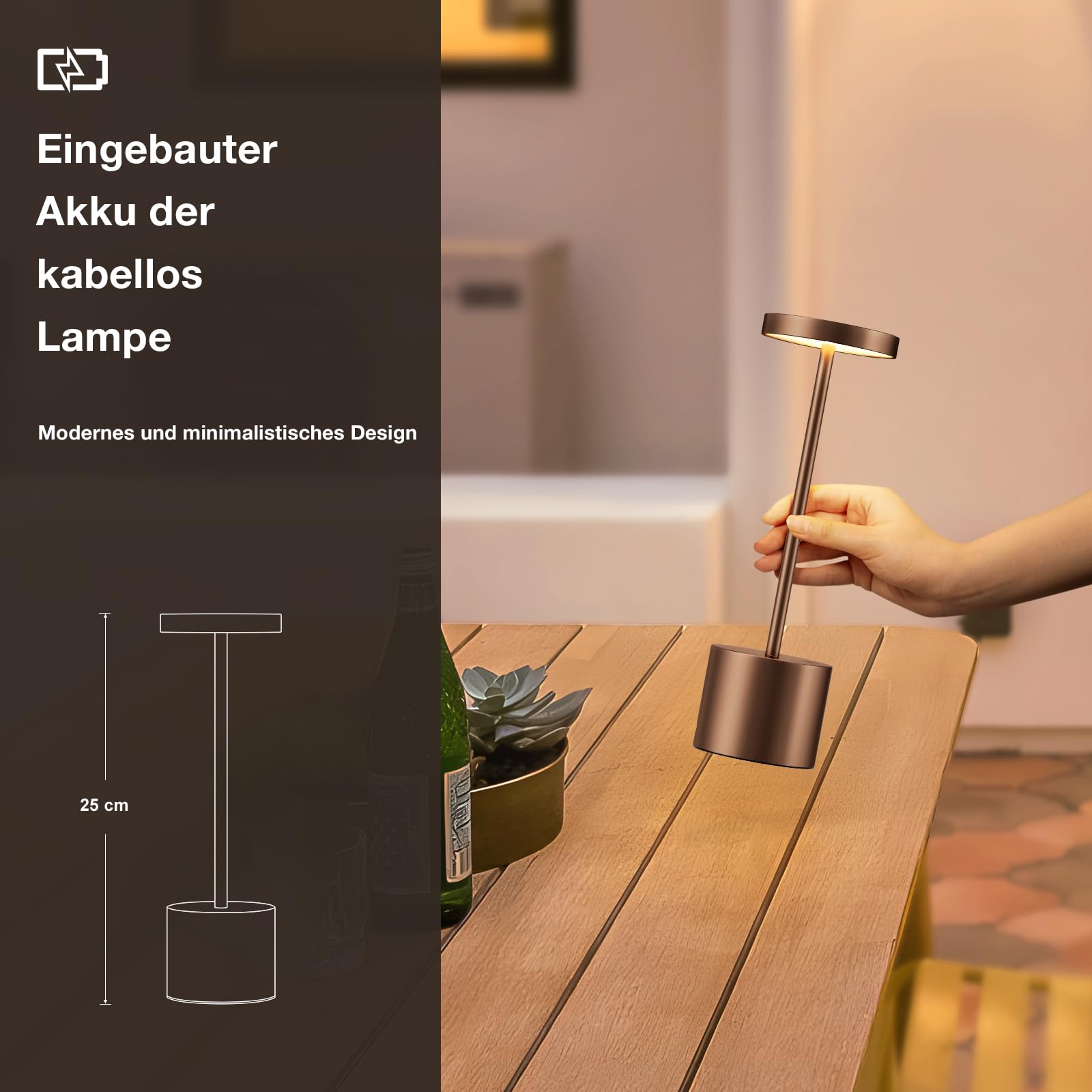 Tischlampe Batterie, LED Tischlampe Wireless, Tischlampe Wireless Batterie mit 3 Farbtemperaturen, Touch Nachttischlampe Dimmbar, kontinuierlich dimmbar für Schlafzimmer