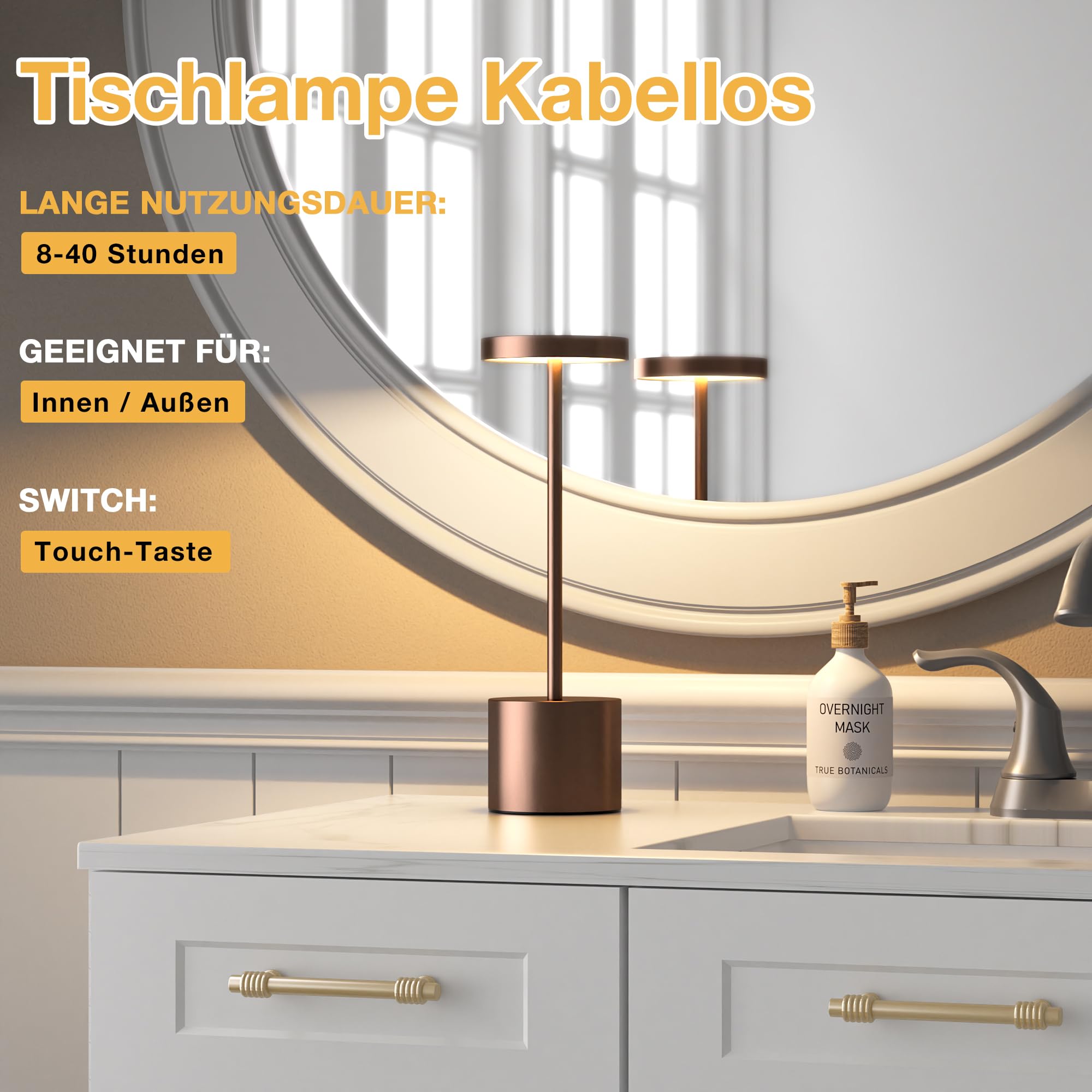 Tischlampe Batterie, LED Tischlampe Wireless, Tischlampe Wireless Batterie mit 3 Farbtemperaturen, Touch Nachttischlampe Dimmbar, kontinuierlich dimmbar für Schlafzimmer