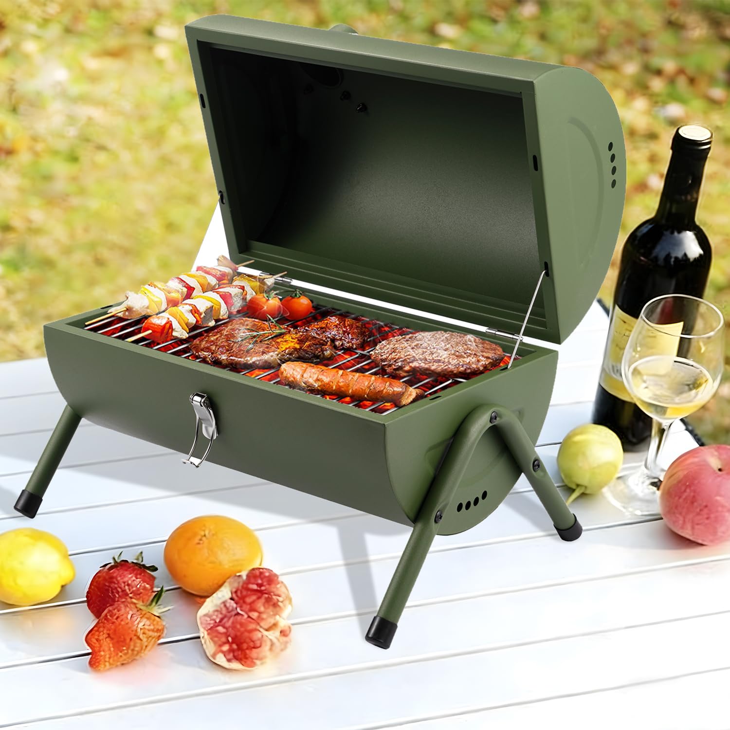 Holzkohlegrill Klein Campinggrill Kleiner Grill Camping Grill Holzkohle Mini Tragbarer Klappgrill Holzkohle für Outdoor Kochen, Picknick, Ideal für Strand, Wohnwagen, Garten, Party Barrel Schwarz