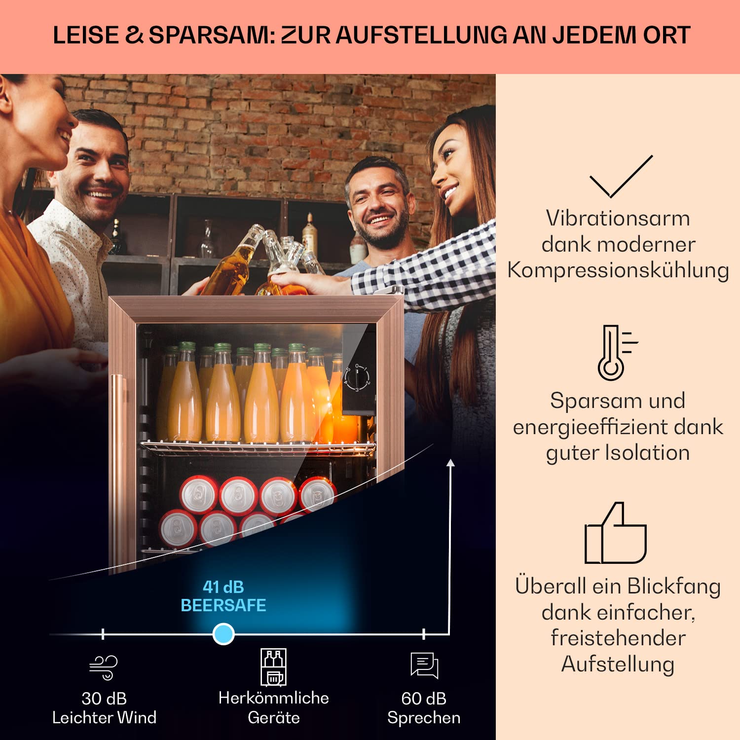 Beersafe Getränkekühlschrank 60 L – Mini Kühlschrank mit Glastür, Kupfer | LED-Beleuchtung, herausnehmbare Metallablagen, leise, Flaschenkühlschrank für Getränke & Dosen