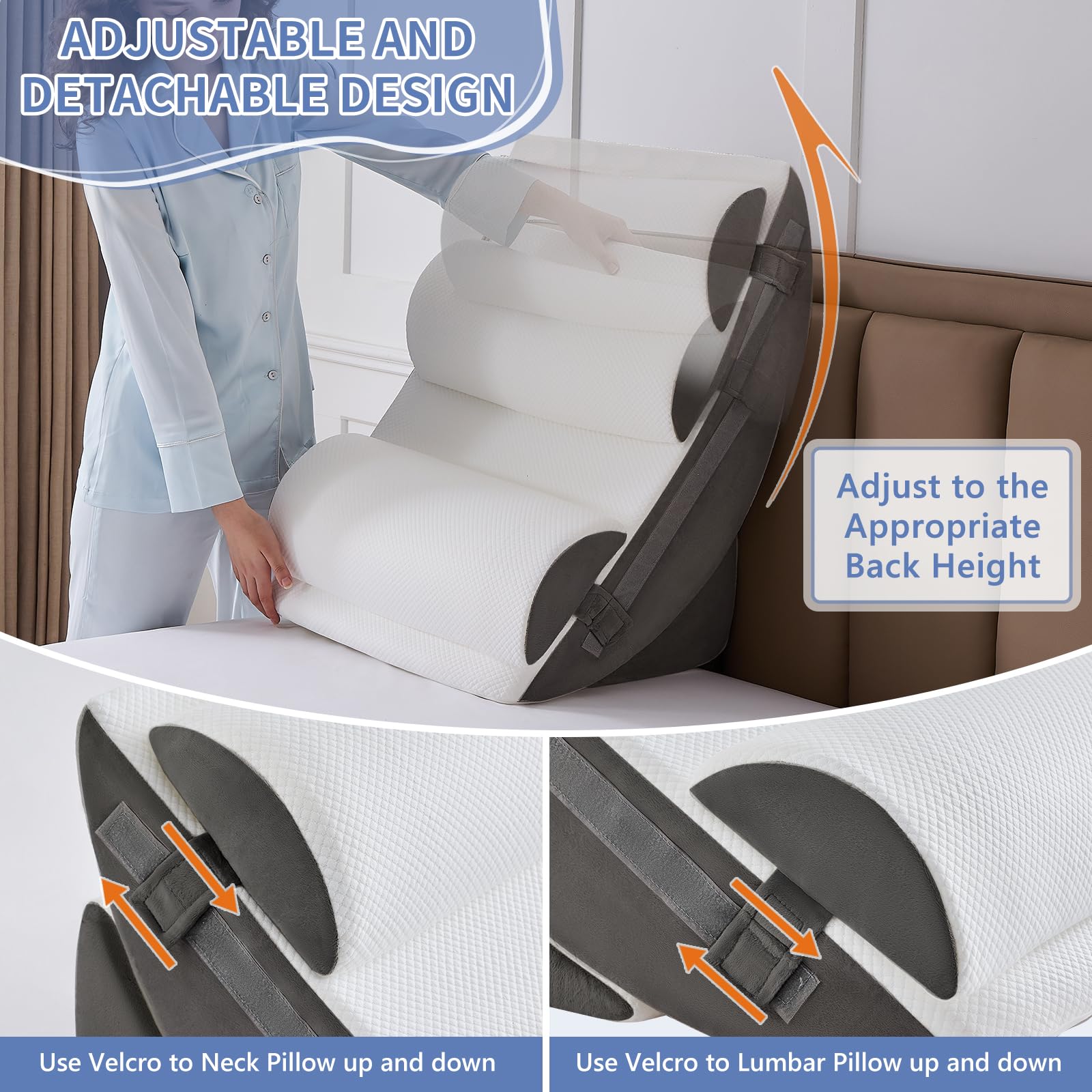 Orthopädische Bett Keil Kissen Set,Post Chirurgie Schaum Kissen für Körper, Rücken und Beine Schmerzlinderung,Justierbare Stützkissen mit Säure Reflux Bed Wedge Memory Foam Hellgrau